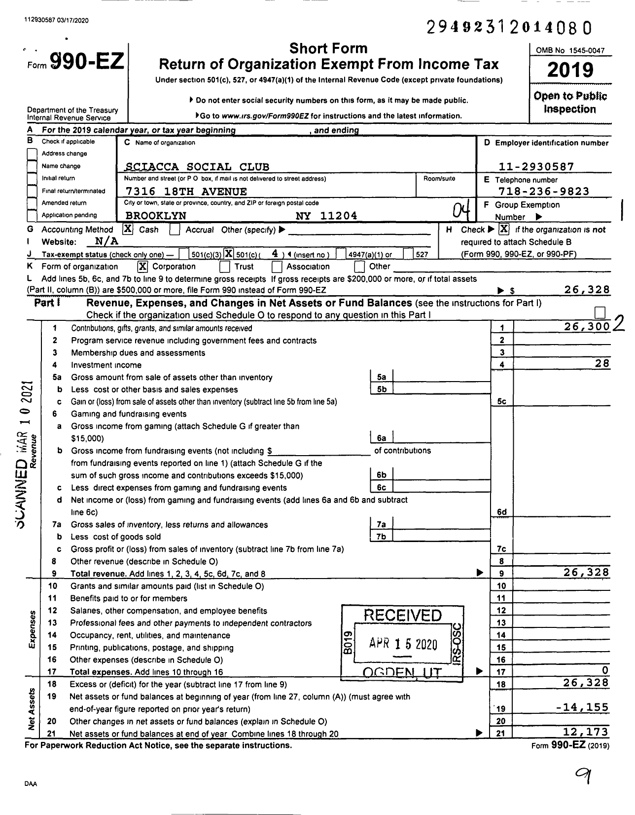 Image of first page of 2019 Form 990EO for Sciacca Social Club