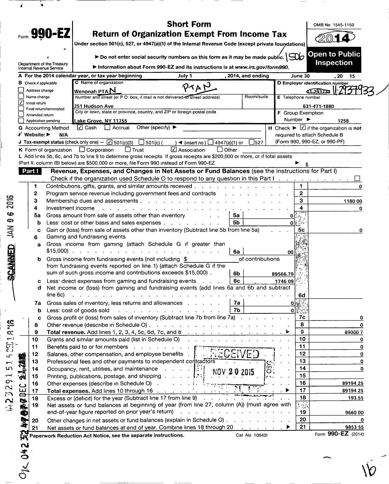 Image of first page of 2014 Form 990EZ for New York State PTA - 005-256 Wenonah PTA