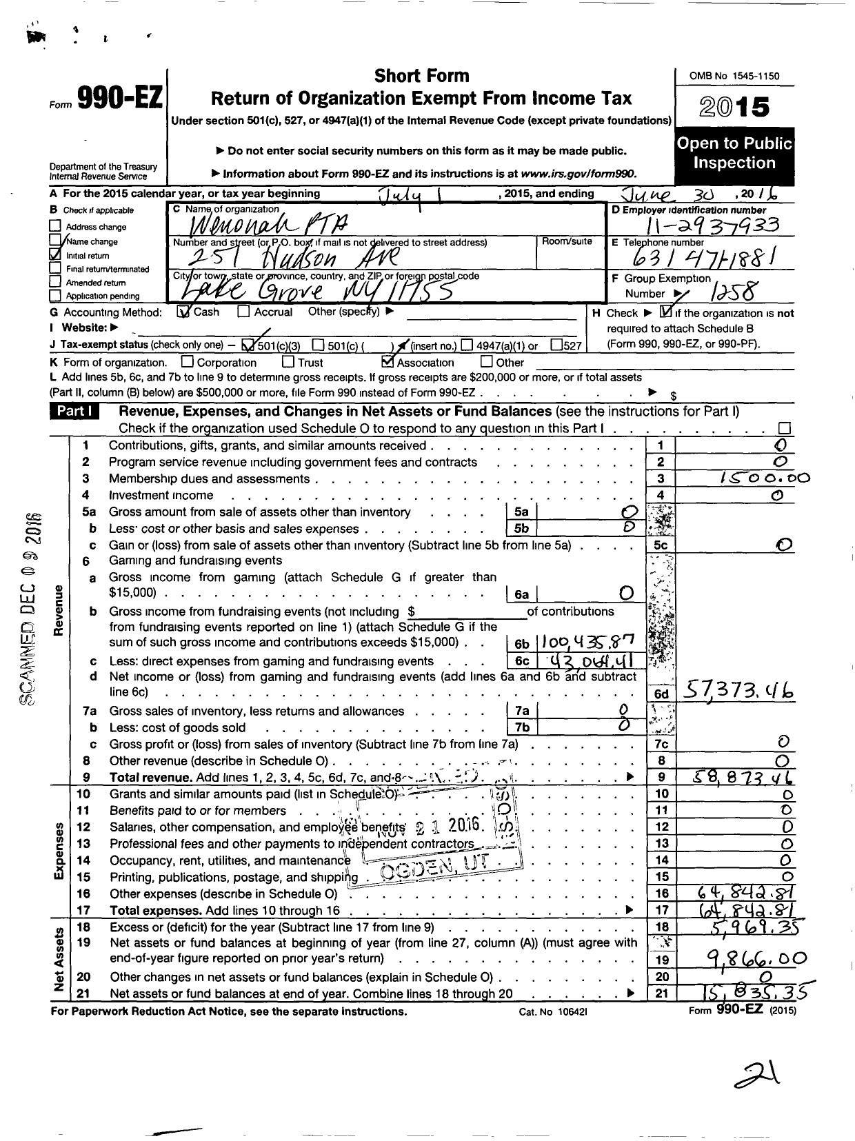 Image of first page of 2015 Form 990EZ for New York State PTA - 005-256 Wenonah PTA