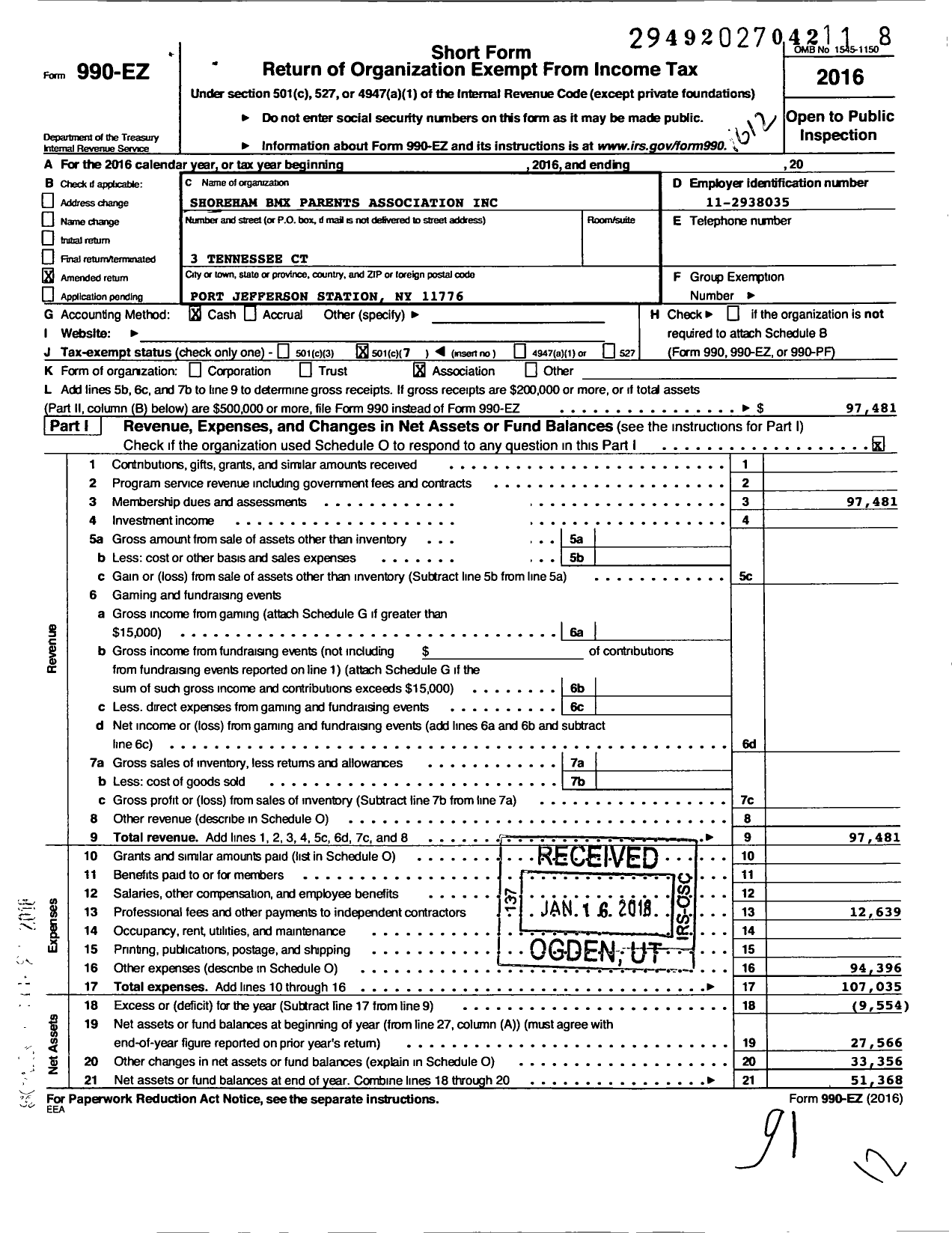 Image of first page of 2016 Form 990EO for Shoreham BMX Parents Association