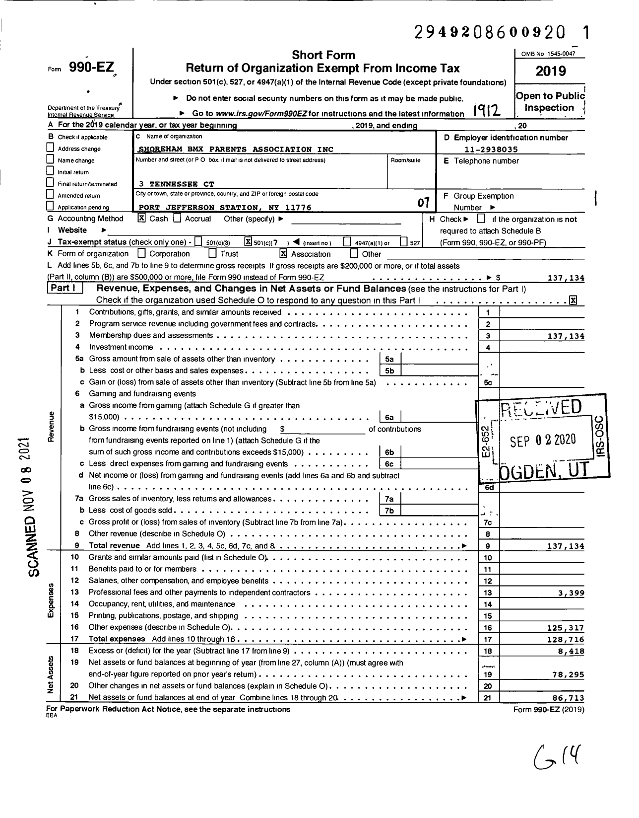 Image of first page of 2019 Form 990EO for Shoreham BMX Parents Association