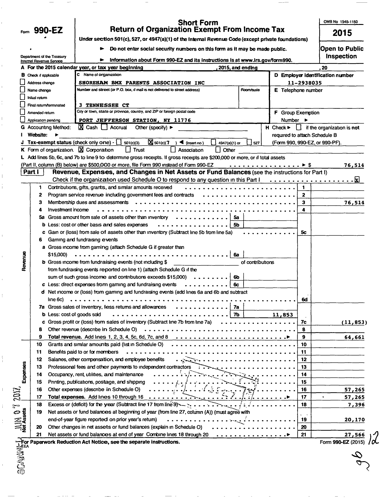 Image of first page of 2015 Form 990EO for Shoreham BMX Parents Association