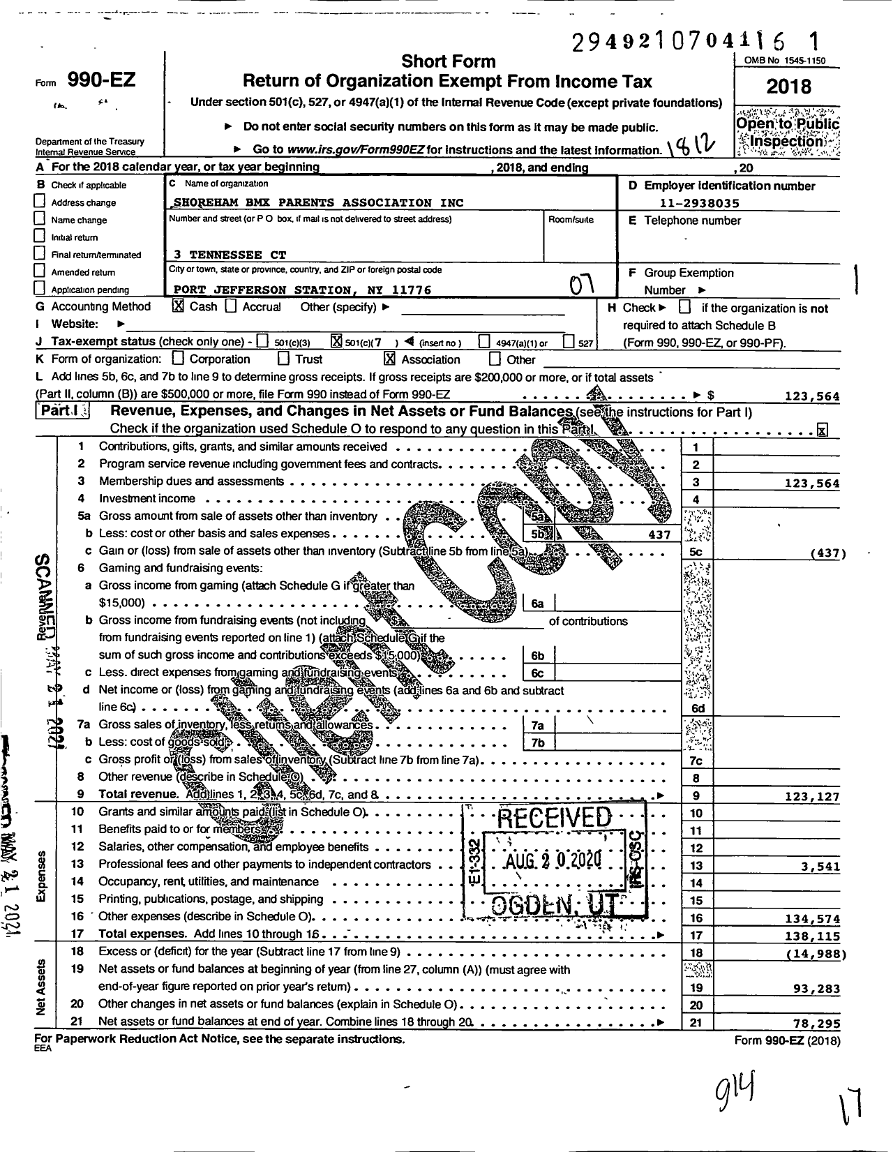 Image of first page of 2018 Form 990EO for Shoreham BMX Parents Association