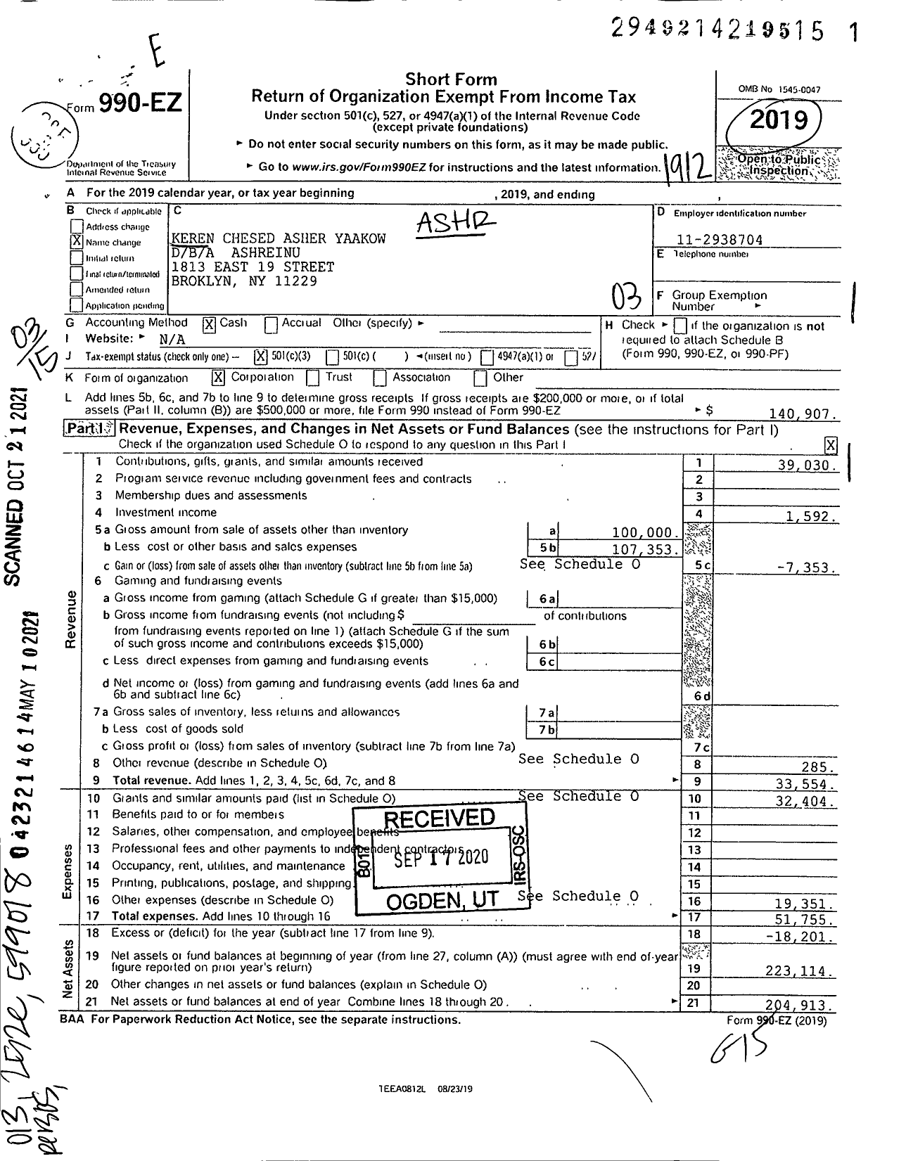 Image of first page of 2019 Form 990EZ for Ashreinu