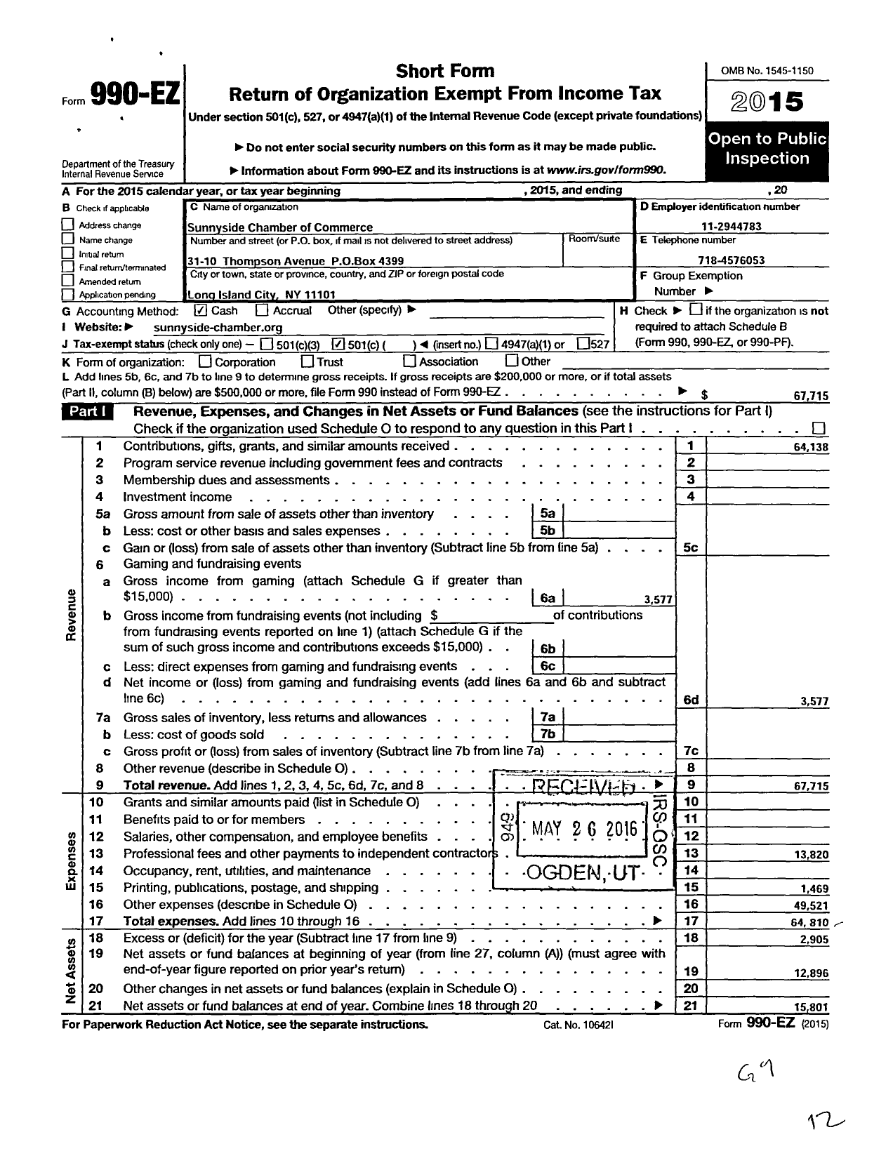 Image of first page of 2015 Form 990EO for Sunnyside Chamber of Commerce