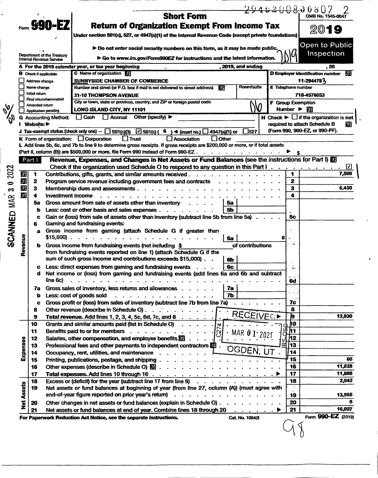 Image of first page of 2019 Form 990EO for Sunnyside Chamber of Commerce