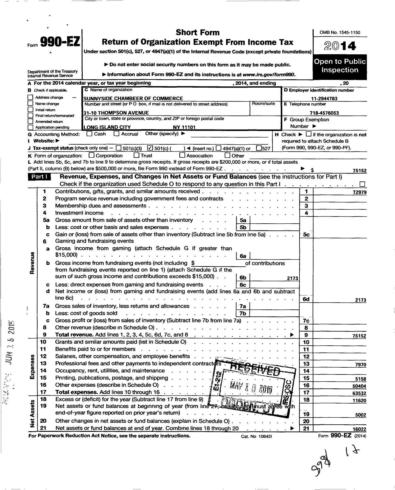 Image of first page of 2014 Form 990EO for Sunnyside Chamber of Commerce