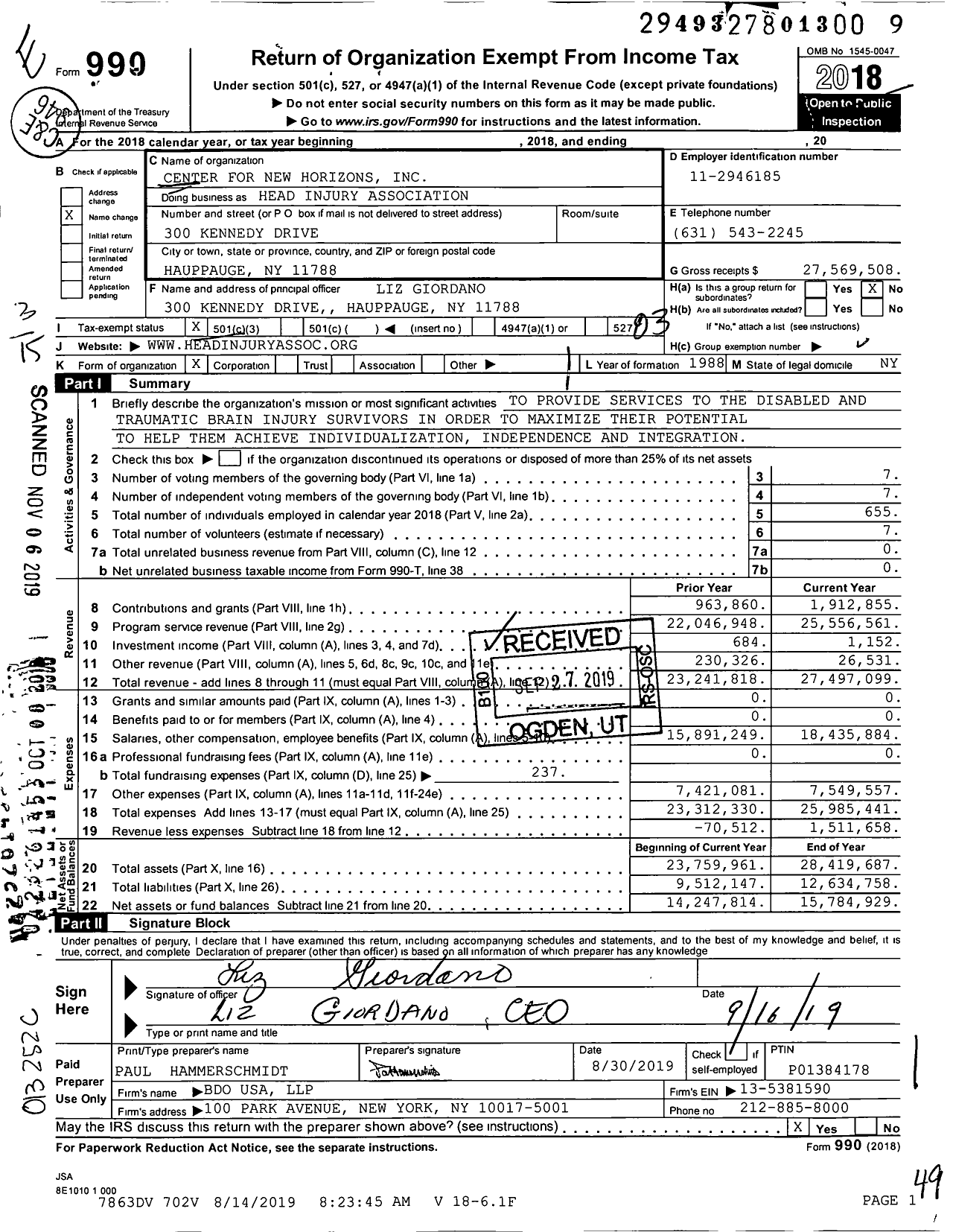 Image of first page of 2018 Form 990 for Head Injury Association