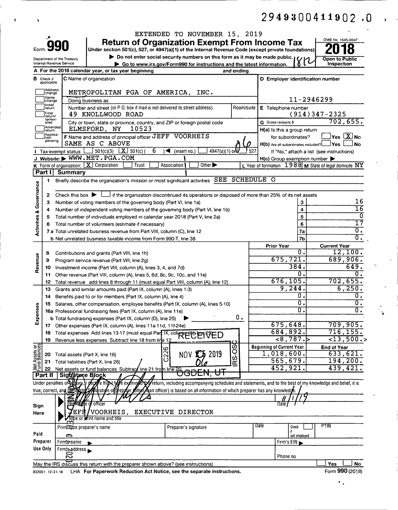 Image of first page of 2018 Form 990O for Metropolitan Pga of America