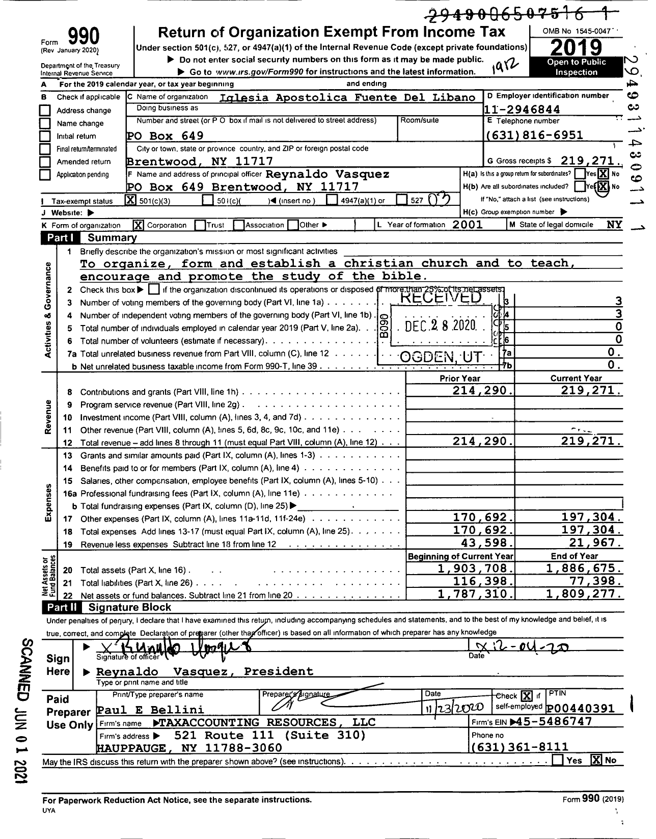 Image of first page of 2019 Form 990 for Iglesia Apostolica Fuente Del Libano