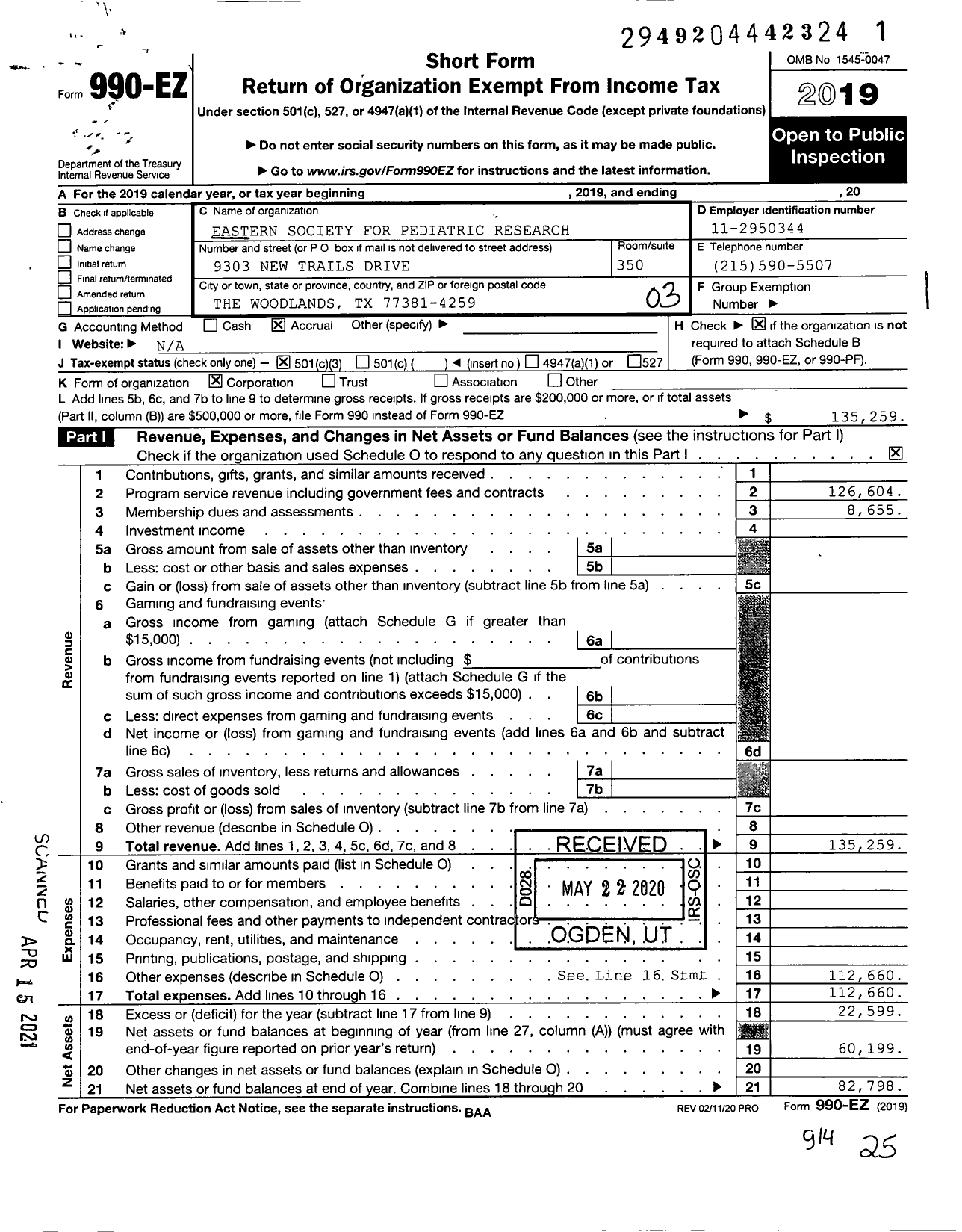 Image of first page of 2019 Form 990EZ for Eastern Society for Pediatric Research