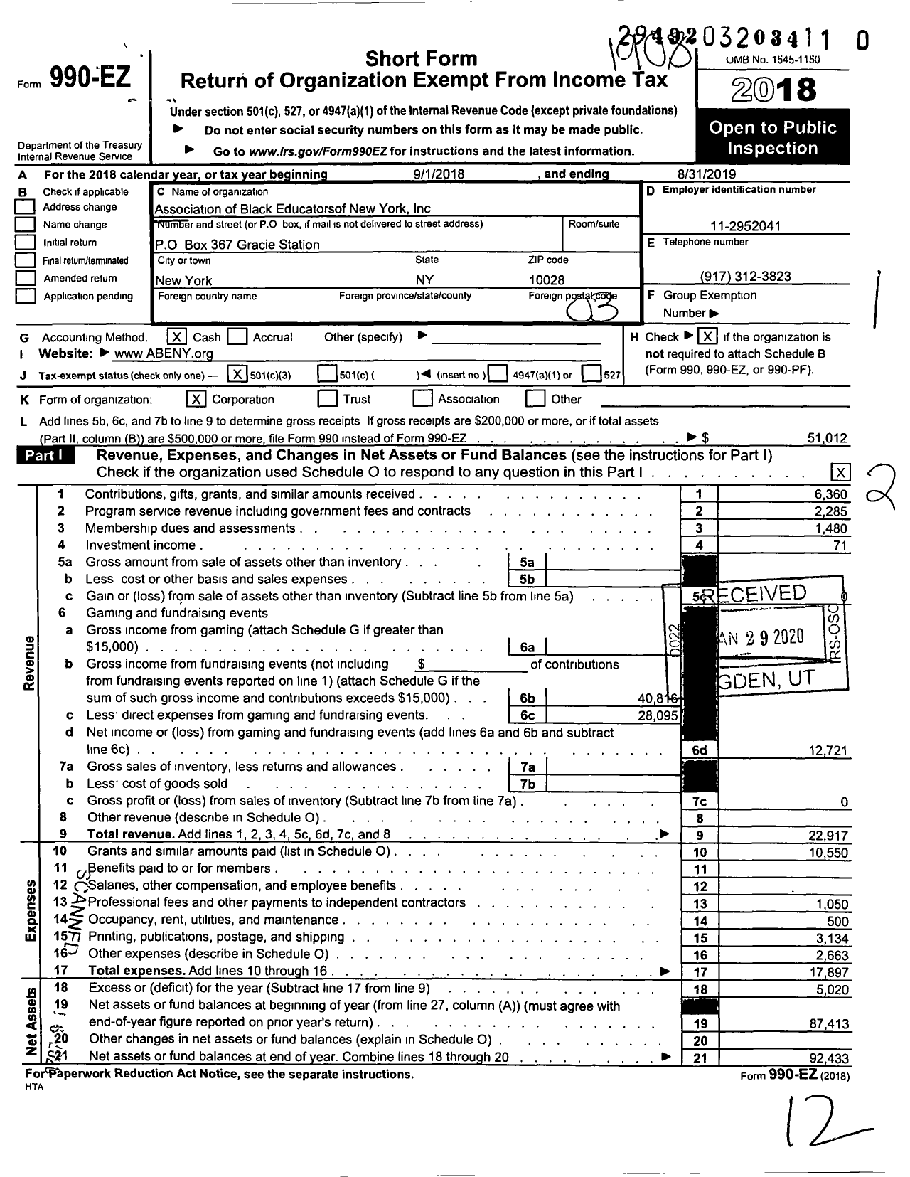 Image of first page of 2018 Form 990EZ for Association of Black Educators of New York (ABENY)