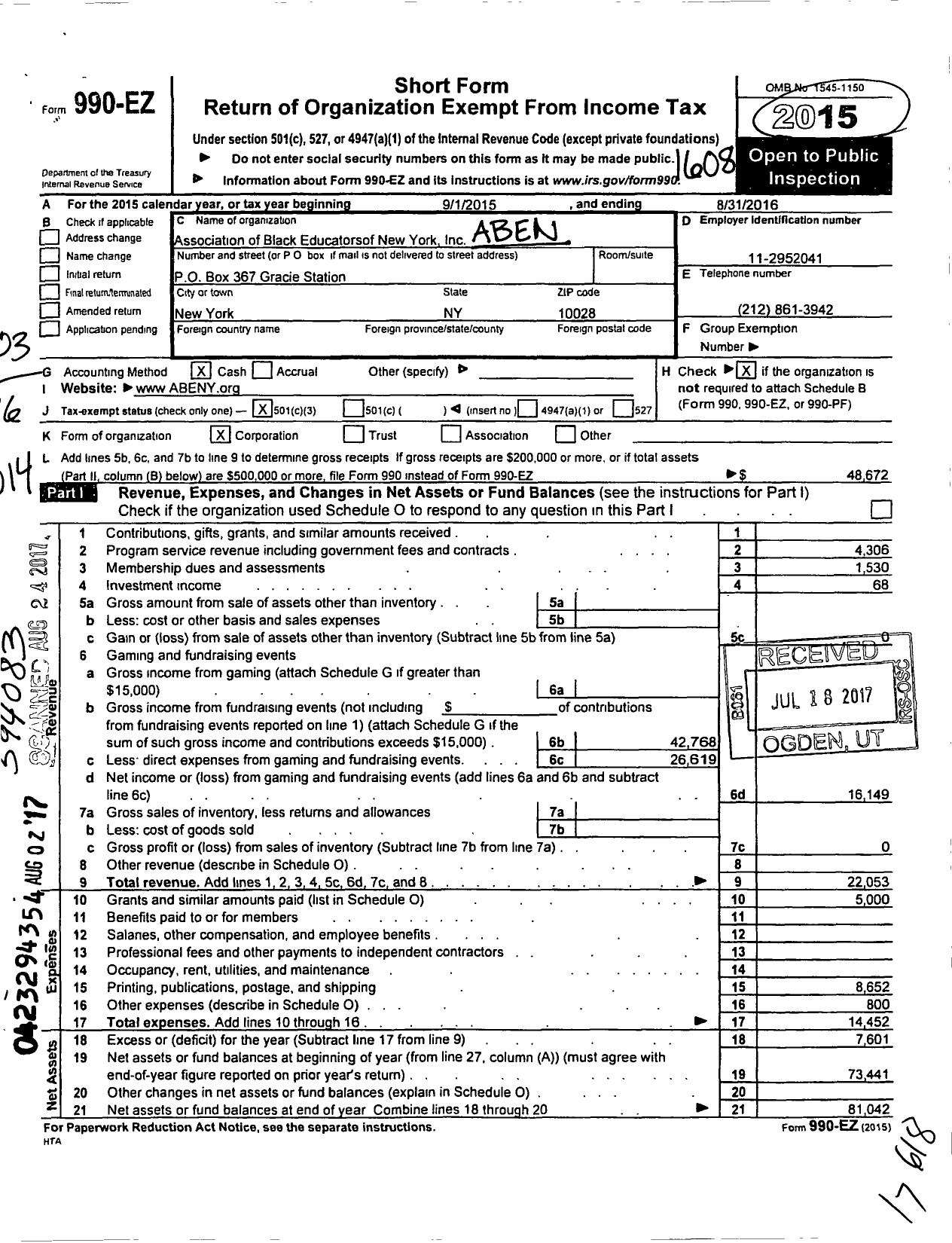 Image of first page of 2015 Form 990EZ for Association of Black Educators of New York (ABENY)