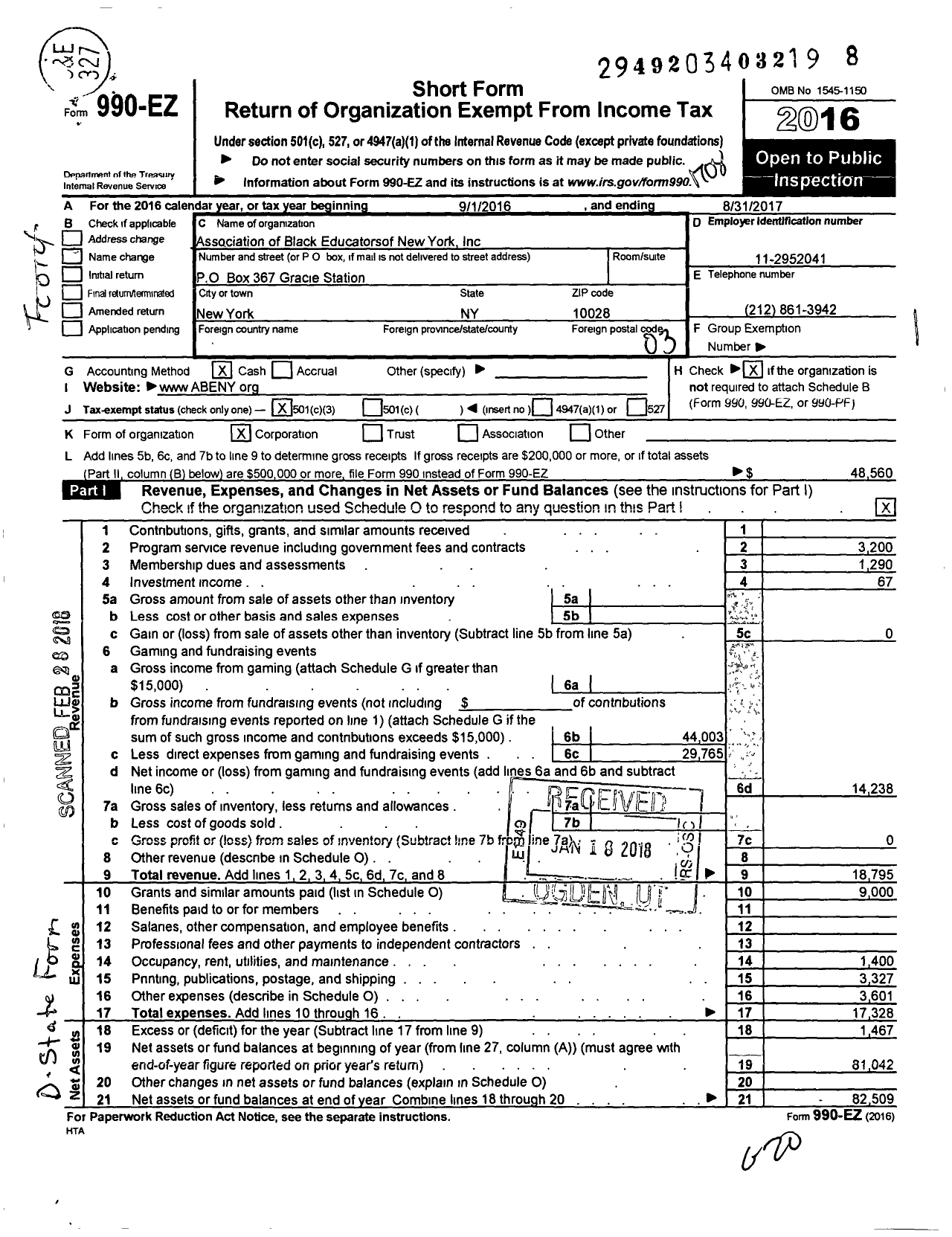 Image of first page of 2016 Form 990EZ for Association of Black Educators of New York (ABENY)