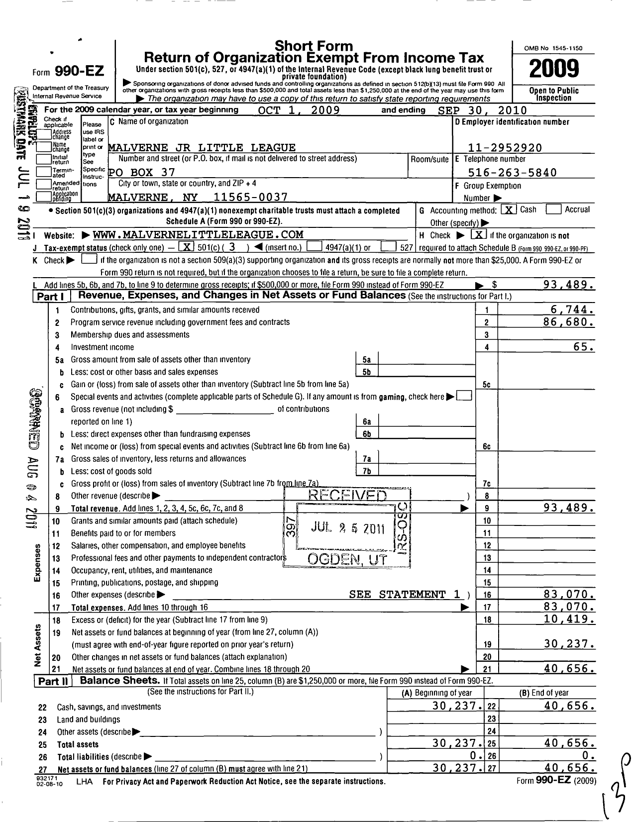 Image of first page of 2009 Form 990EZ for Little League Baseball - 2322913 Malverne JR LL