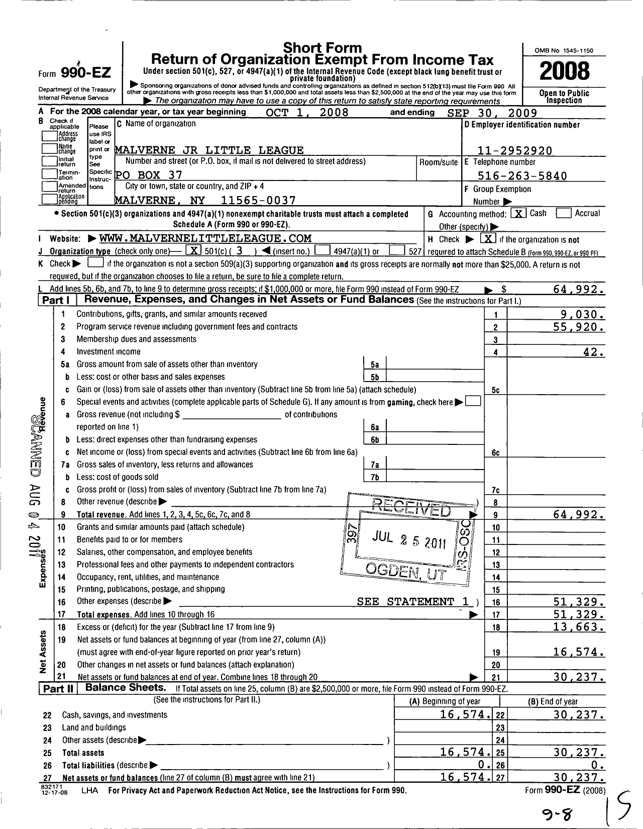 Image of first page of 2008 Form 990EZ for Little League Baseball - 2322913 Malverne JR LL