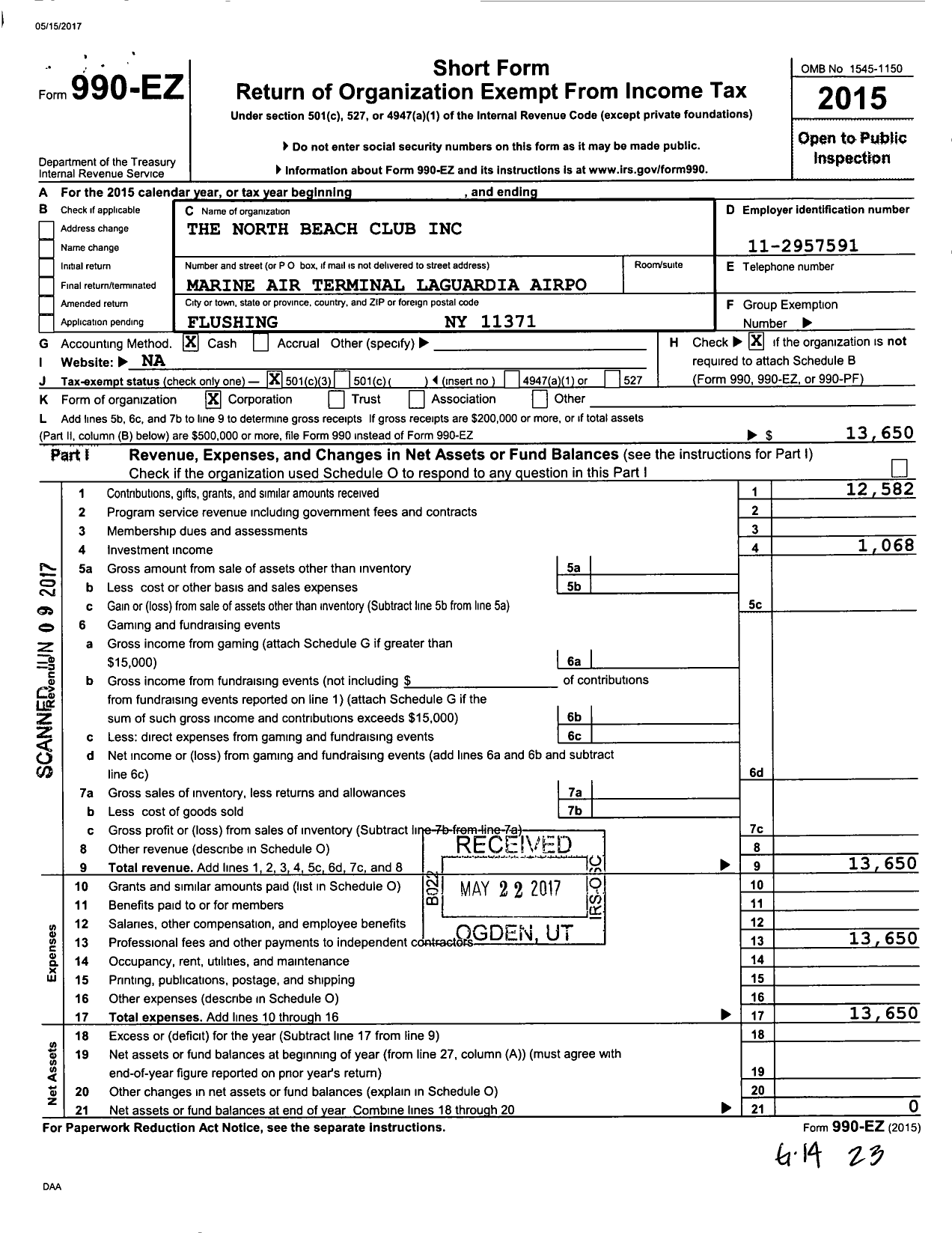 Image of first page of 2015 Form 990EZ for The North Beach Club