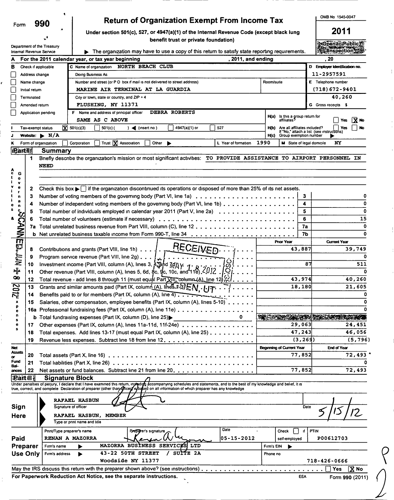 Image of first page of 2011 Form 990 for The North Beach Club