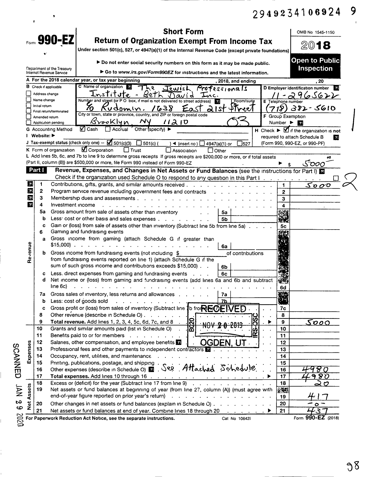 Image of first page of 2018 Form 990EZ for The Jewish Professionals Institute - Beth David