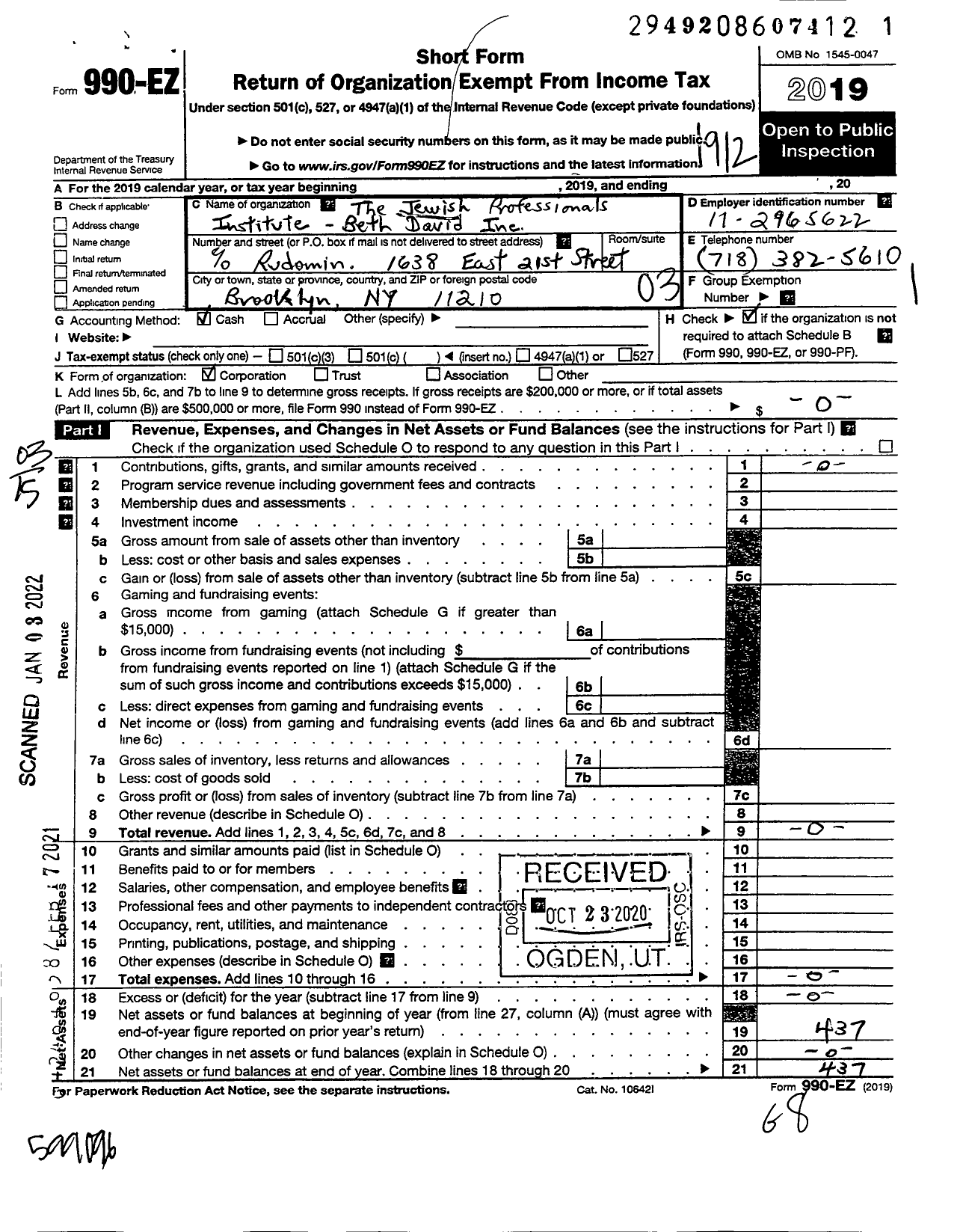 Image of first page of 2019 Form 990EZ for The Jewish Professionals Institute - Beth David