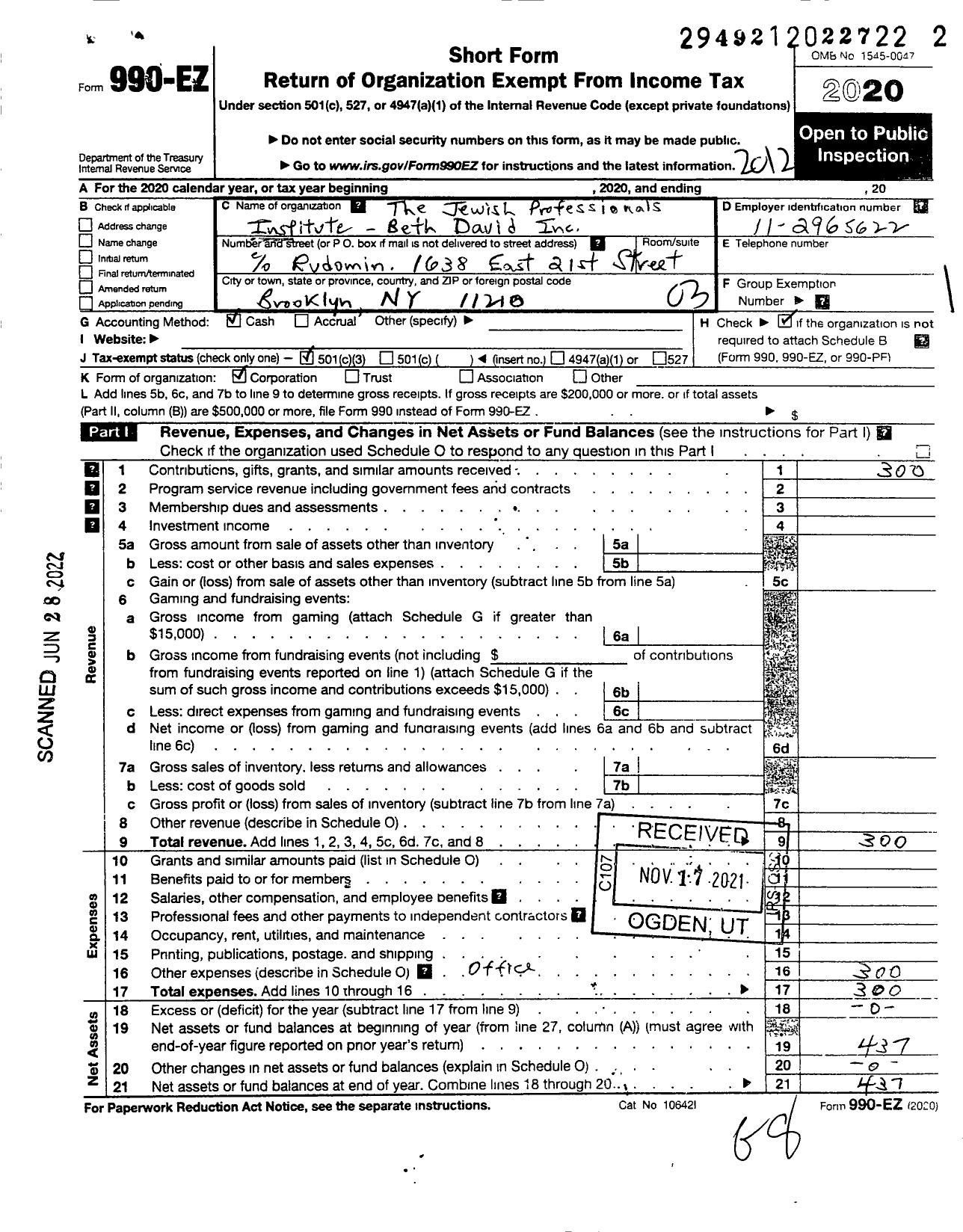 Image of first page of 2020 Form 990EZ for The Jewish Professionals Institute - Beth David