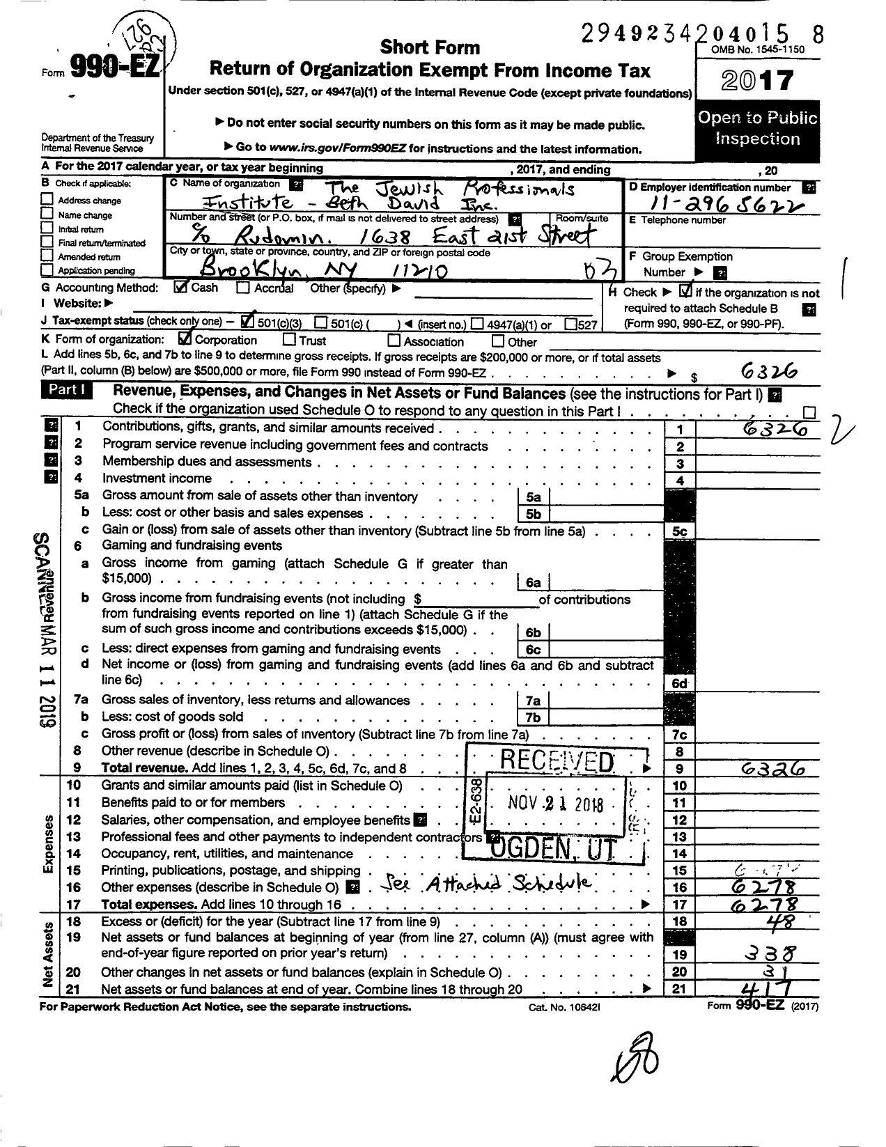 Image of first page of 2017 Form 990EZ for The Jewish Professionals Institute - Beth David