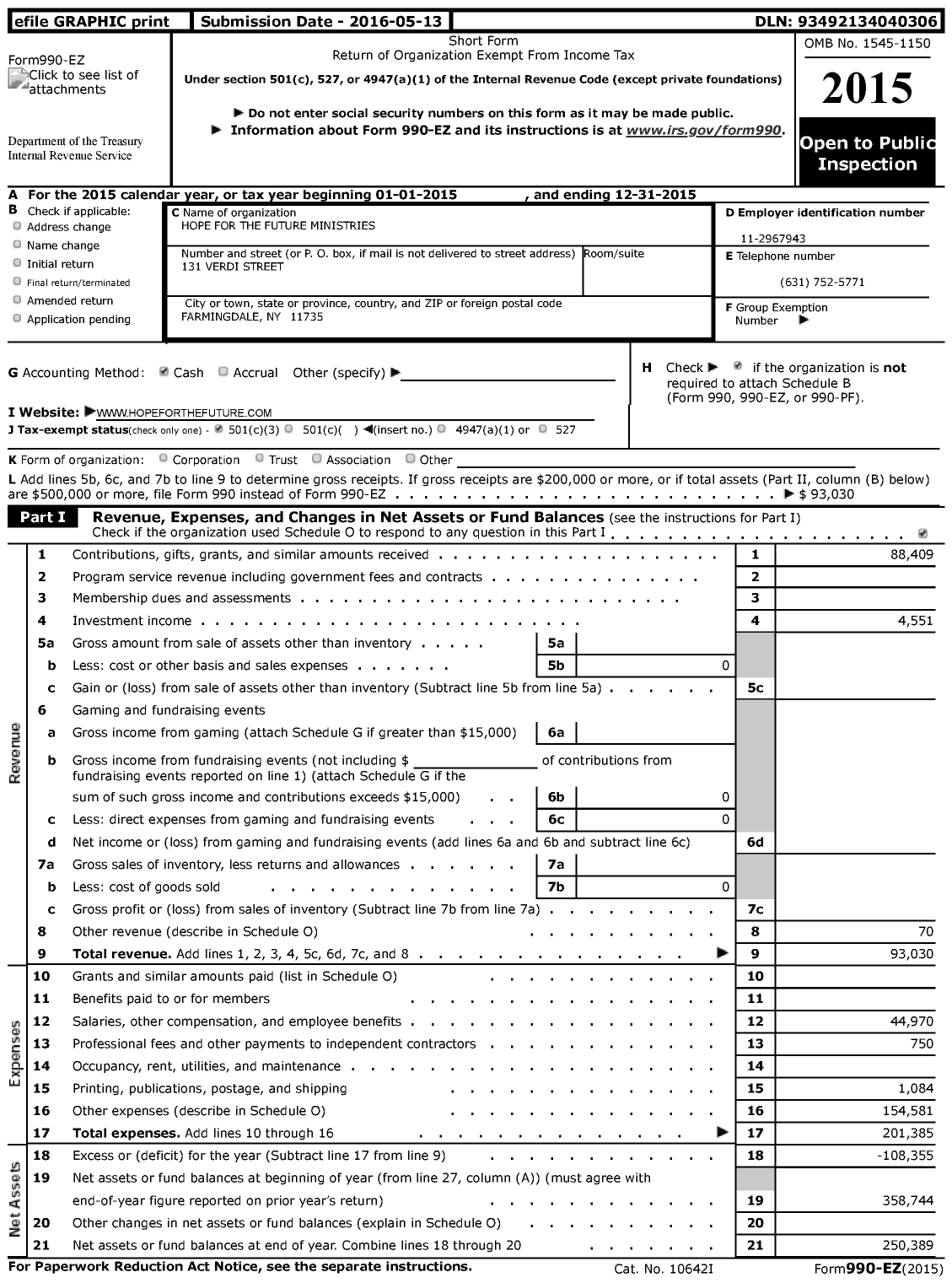 Image of first page of 2015 Form 990EZ for Hope for the Future Ministries