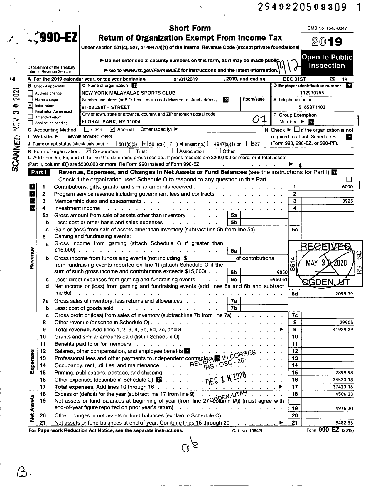 Image of first page of 2019 Form 990EO for New York Malayalae Sports Club