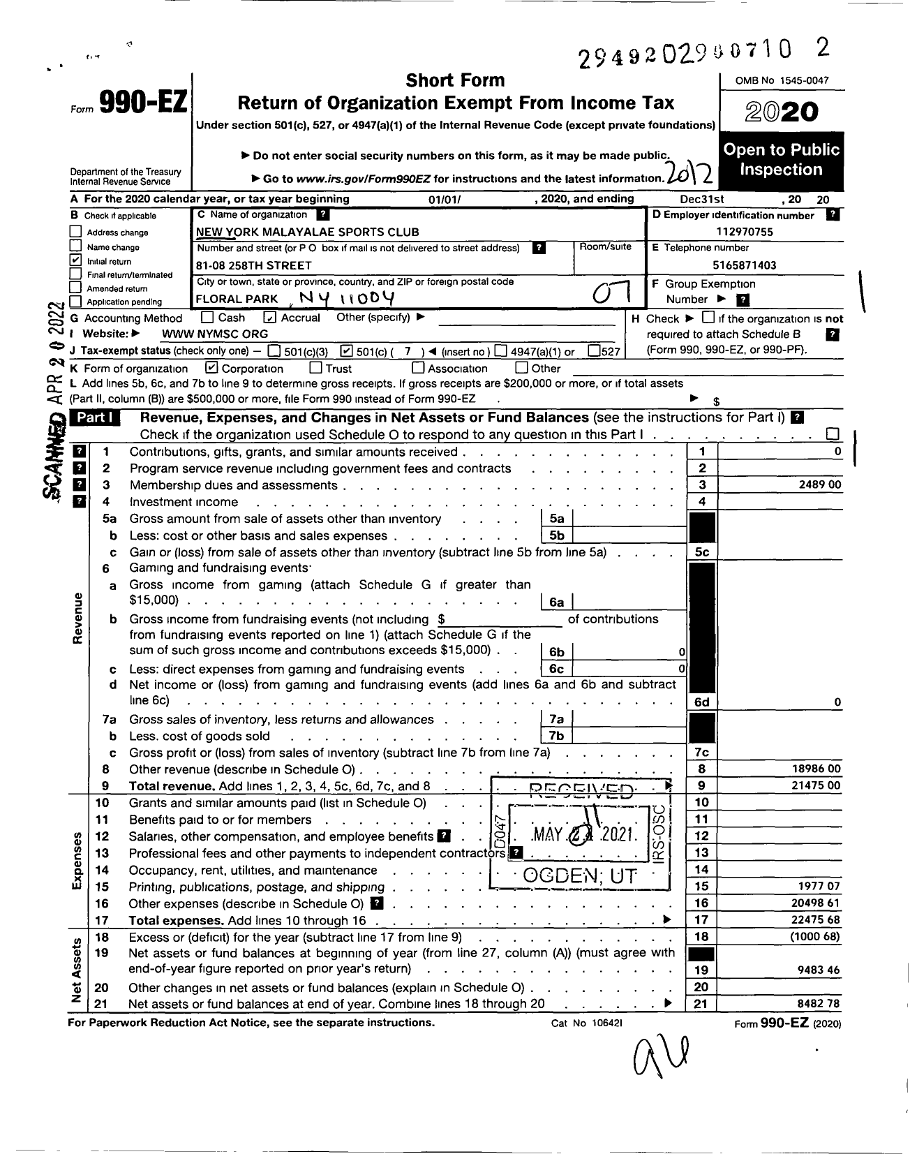 Image of first page of 2020 Form 990EO for New York Malayalae Sports Club