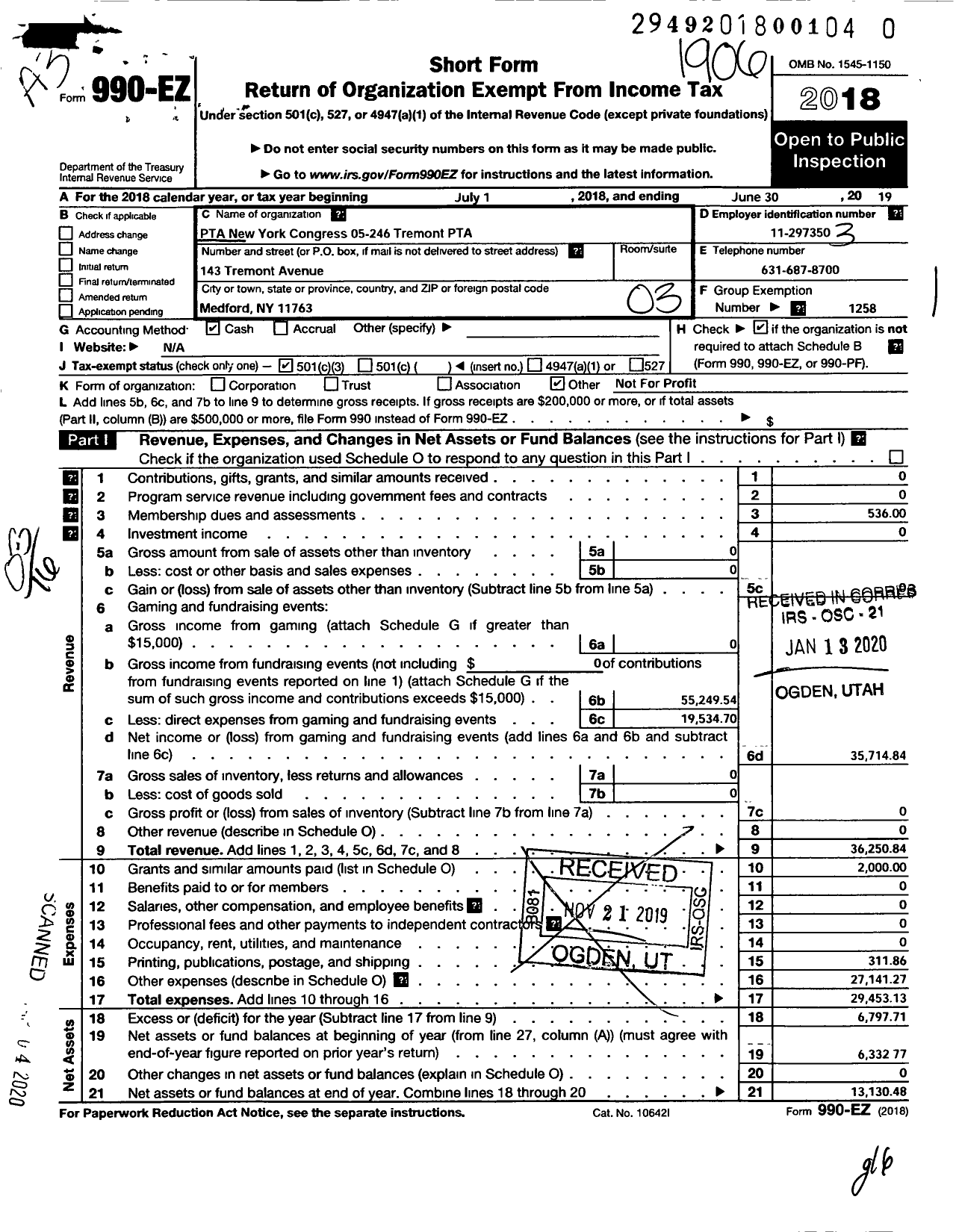 Image of first page of 2018 Form 990EZ for New York State PTA - 005-246 Tremont Avenue PTA