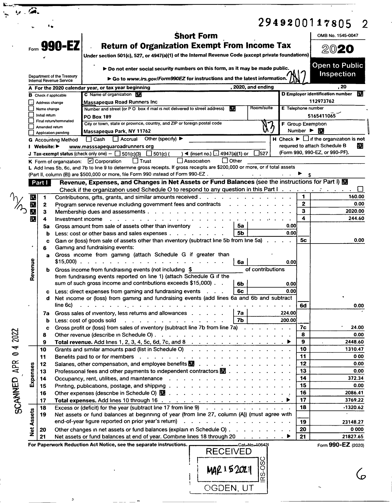 Image of first page of 2020 Form 990EZ for Massapequa Road Runners