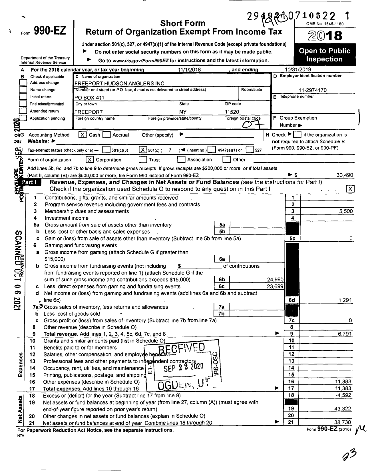 Image of first page of 2018 Form 990EO for Freeport Hudson Anglers