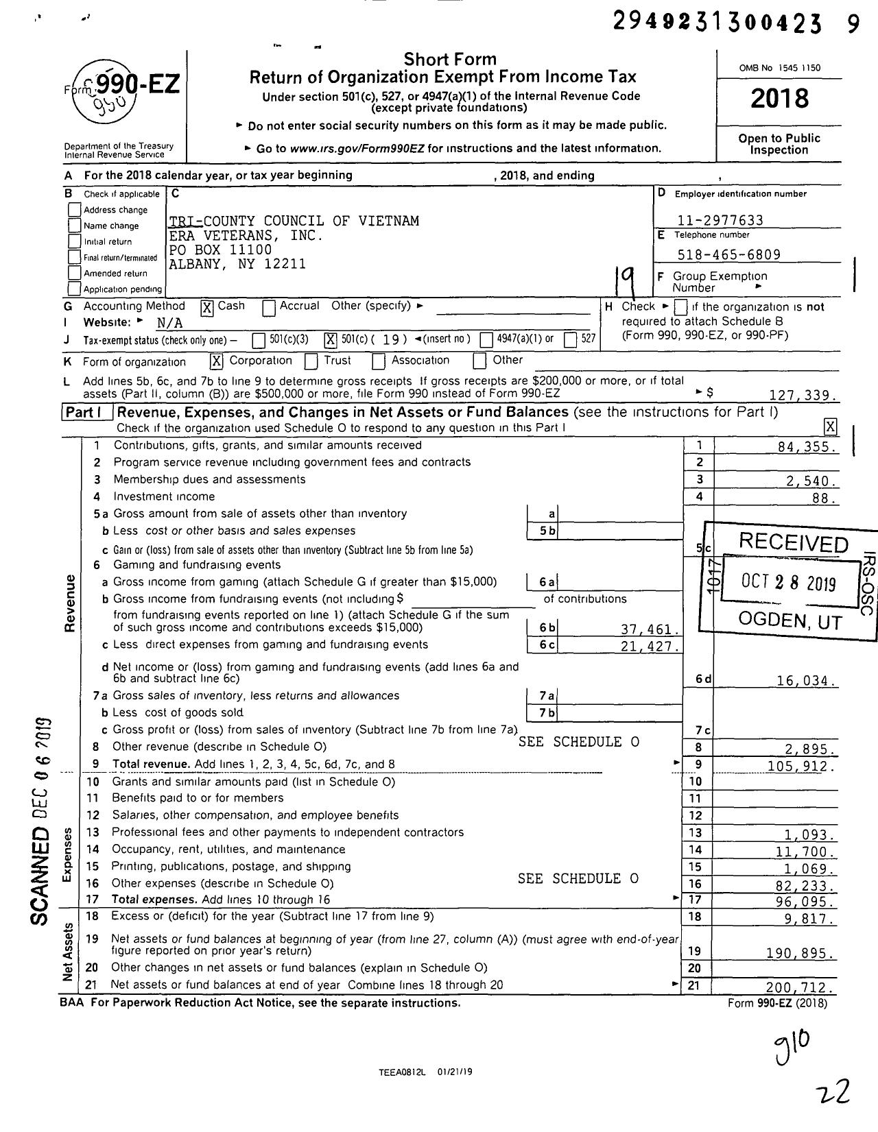 Image of first page of 2018 Form 990EO for Tri-County Council of Vietnam Era Veterans