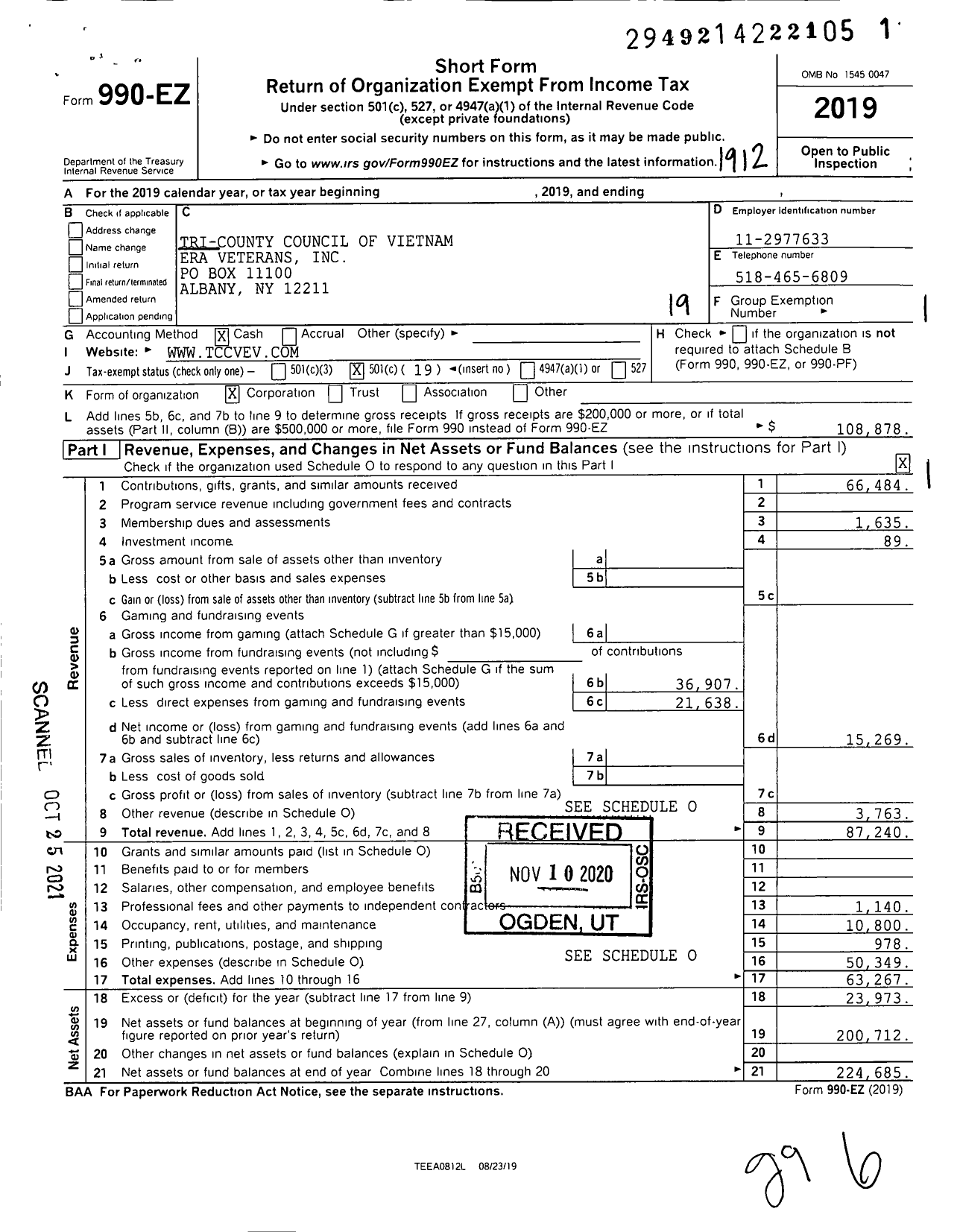 Image of first page of 2019 Form 990EO for Tri-County Council of Vietnam Era Veterans