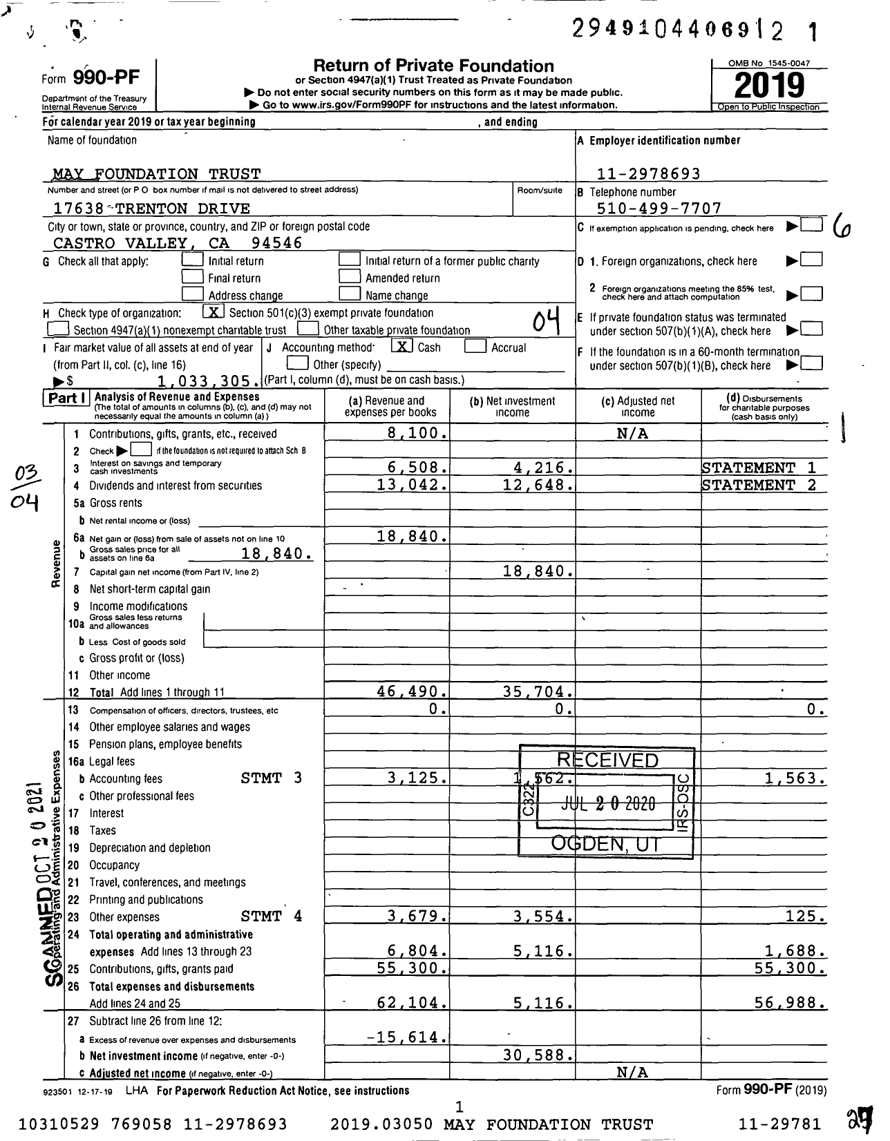 Image of first page of 2019 Form 990PF for May Foundation Trust