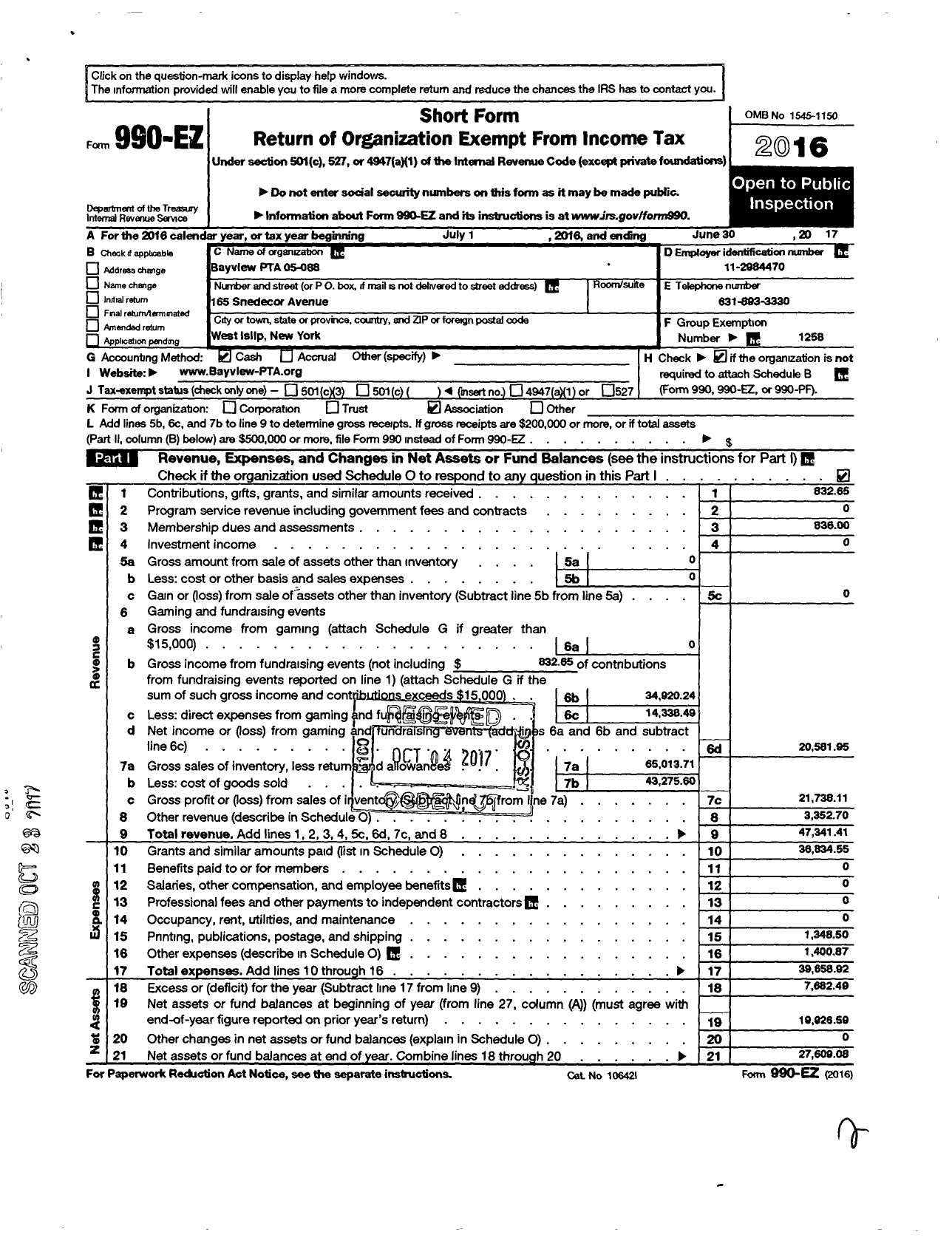 Image of first page of 2016 Form 990EO for New York State PTA - 005-088 Bayview PTA