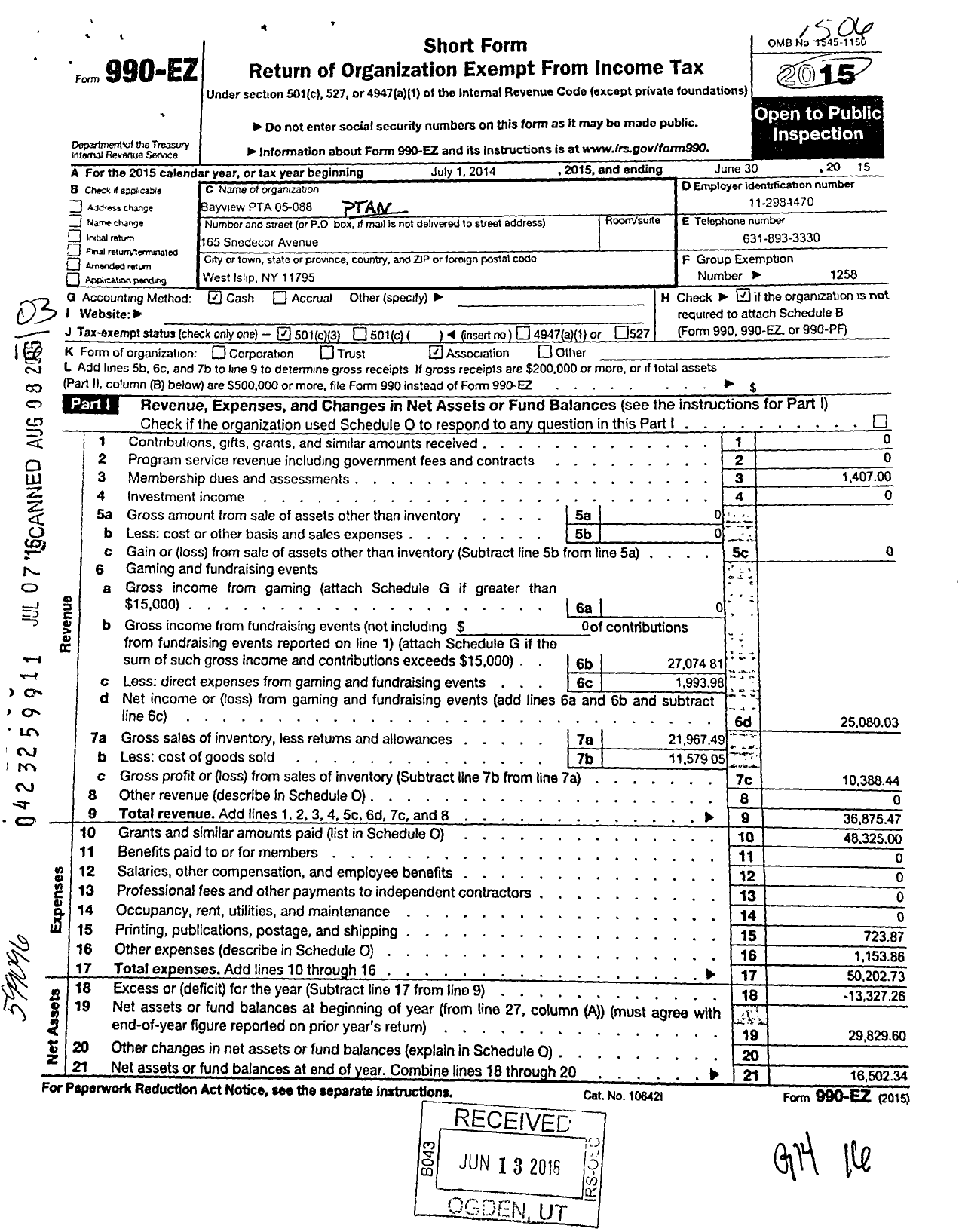 Image of first page of 2014 Form 990EZ for New York State PTA - 005-088 Bayview PTA