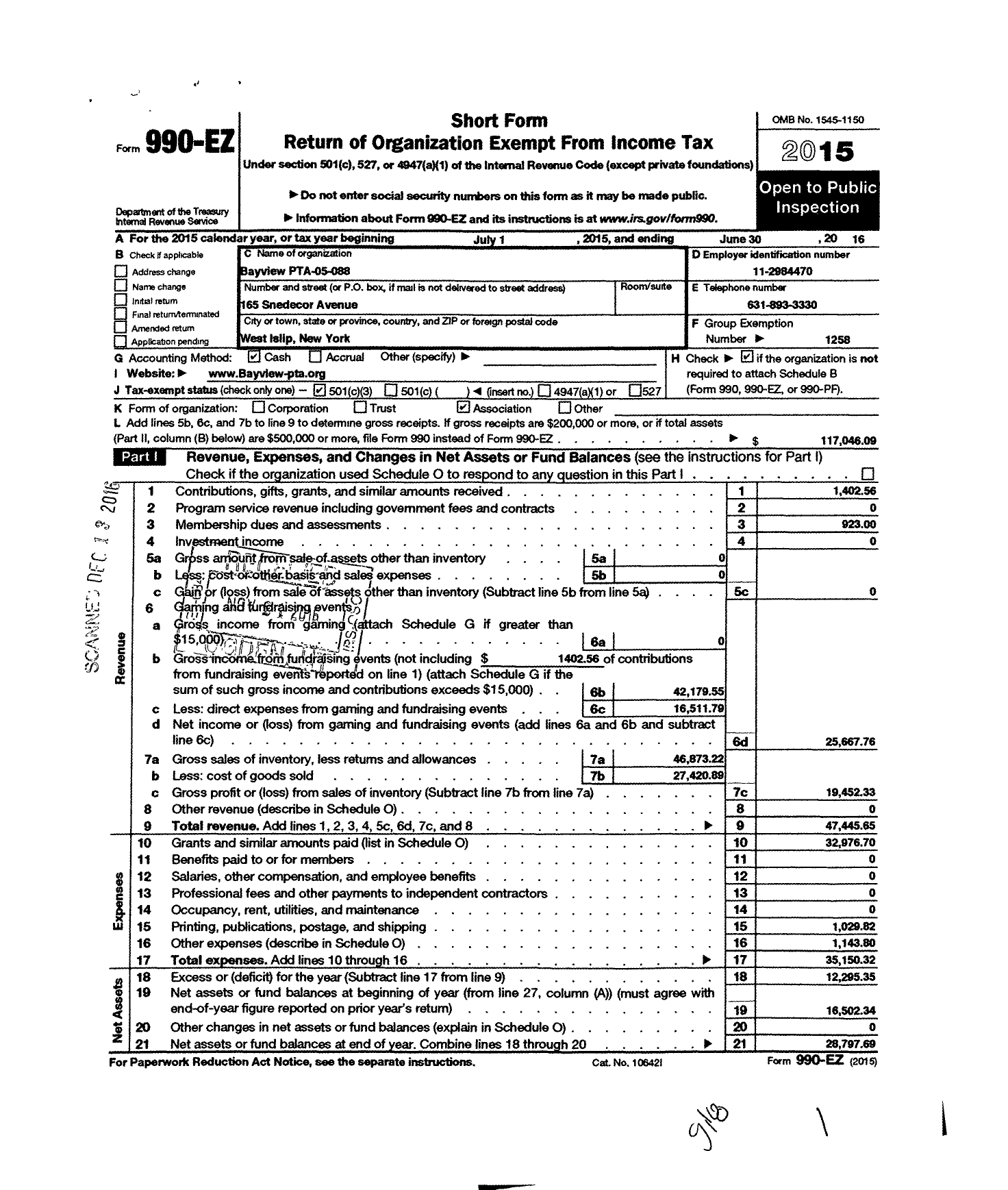 Image of first page of 2015 Form 990EZ for New York State PTA - 005-088 Bayview PTA