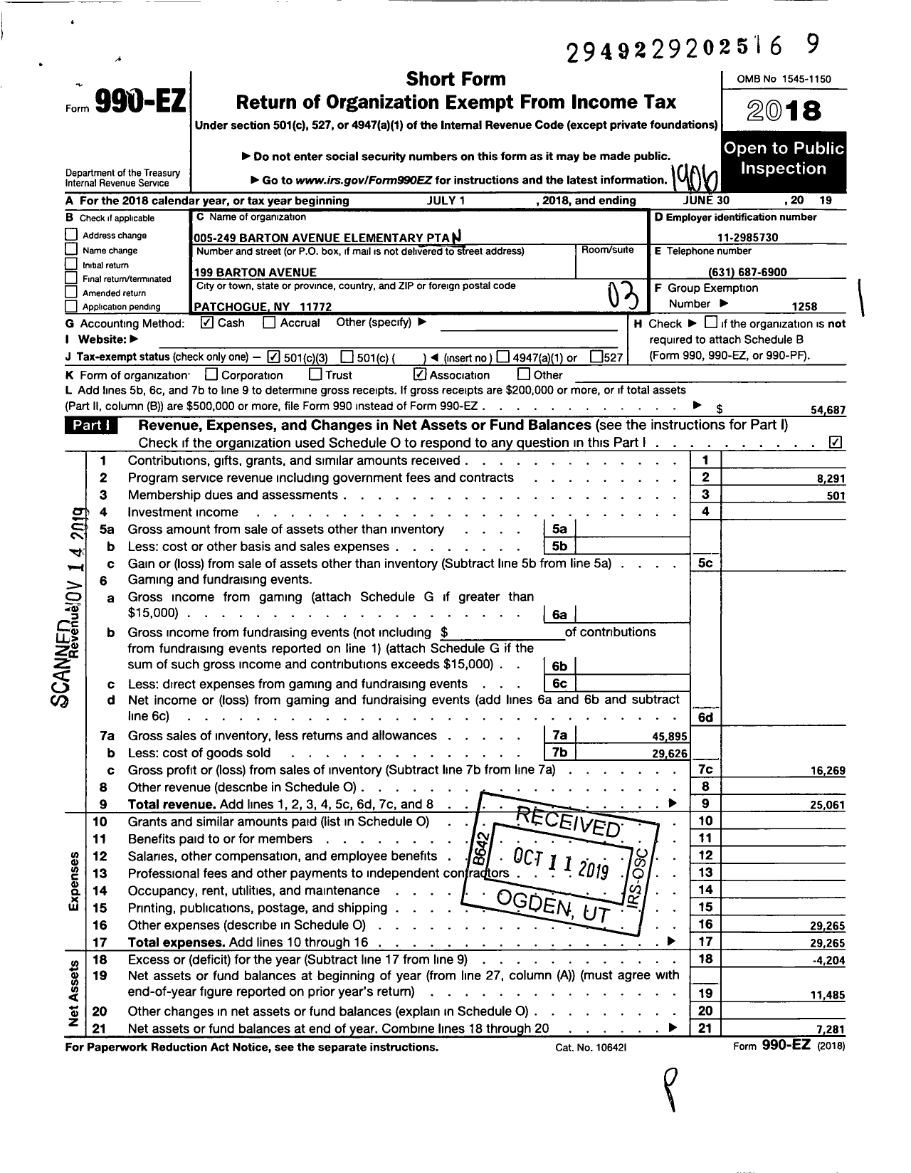 Image of first page of 2018 Form 990EZ for New York State PTA - 005-249 Barton Elementary School PT