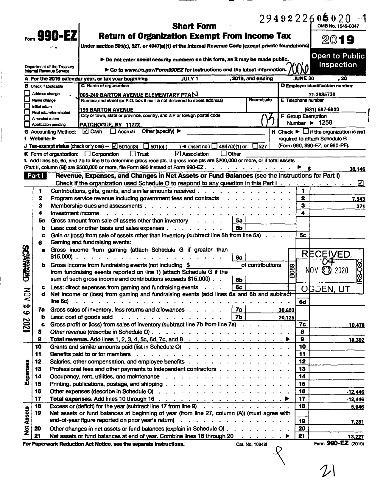 Image of first page of 2019 Form 990EZ for New York State PTA - 005-249 Barton Elementary School PT