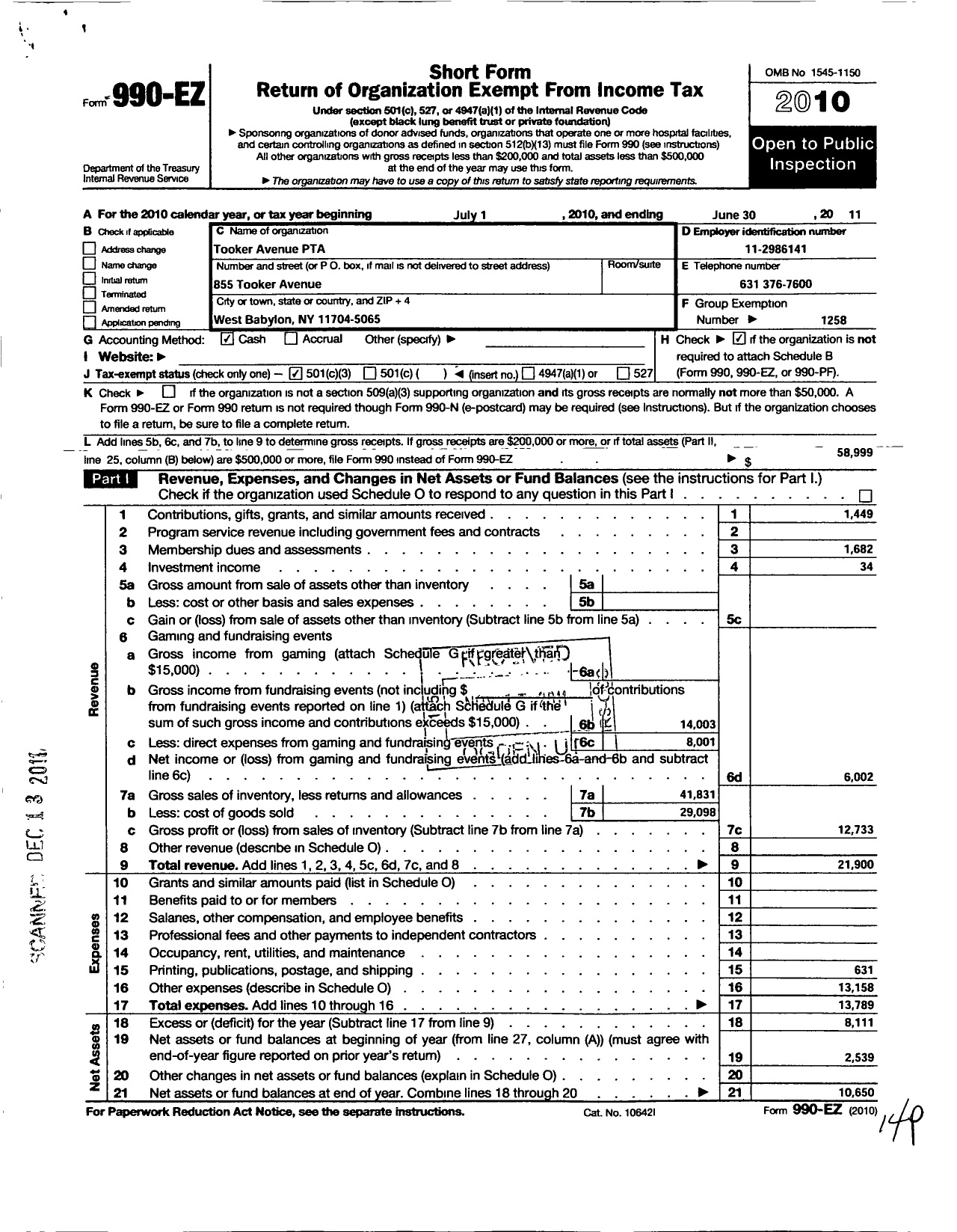 Image of first page of 2010 Form 990EZ for New York State PTA - 005-049 Tooker Avenue PTA