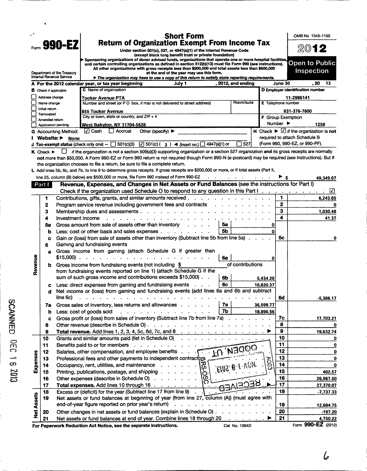 Image of first page of 2012 Form 990EZ for New York State PTA - 005-049 Tooker Avenue PTA