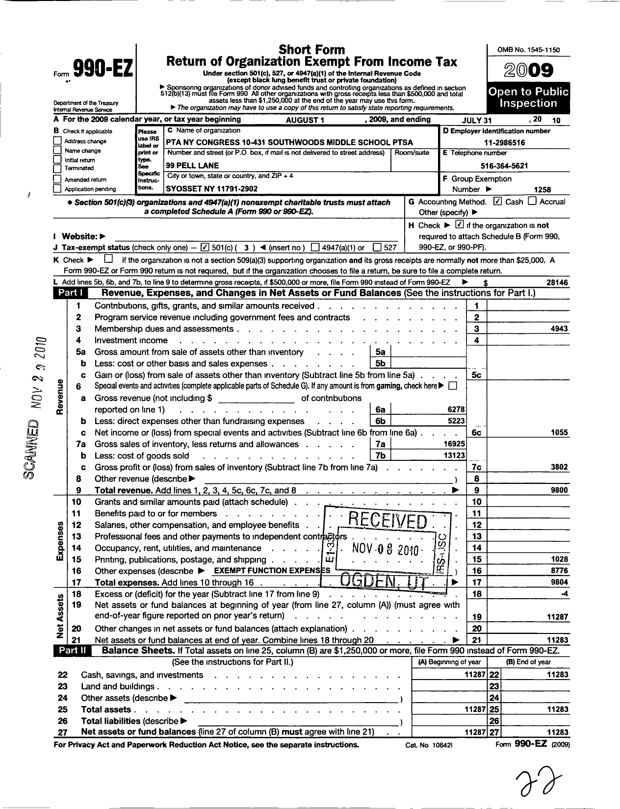 Image of first page of 2009 Form 990EZ for New York State PTA - 010-431 South Woods MS Ptsa