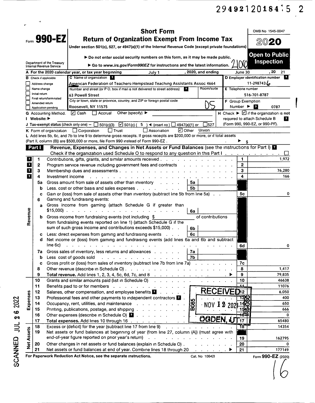 Image of first page of 2020 Form 990EO for AMERICAN FEDERATION OF TEACHERS - 4664 Hempstead Tching Assists