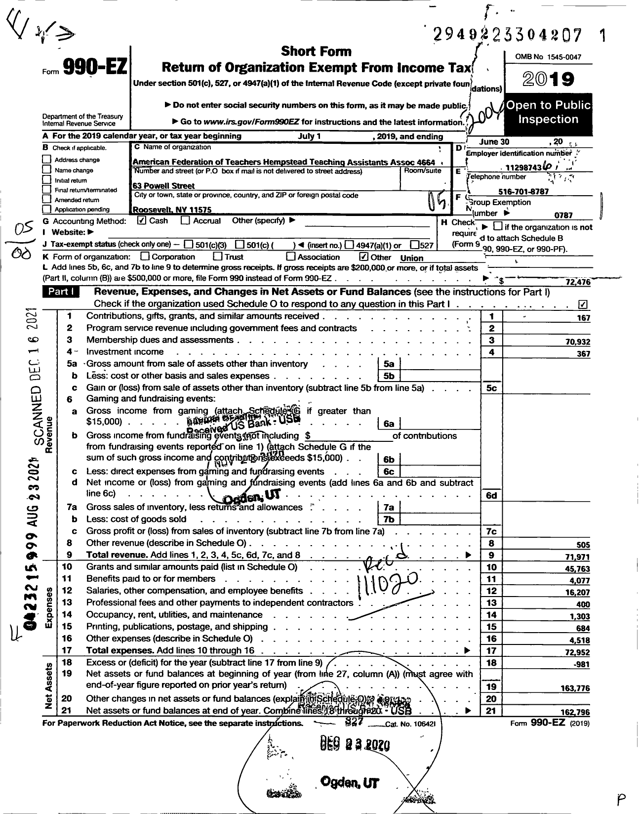 Image of first page of 2019 Form 990EO for AMERICAN FEDERATION OF TEACHERS - 4664 Hempstead Tching Assists