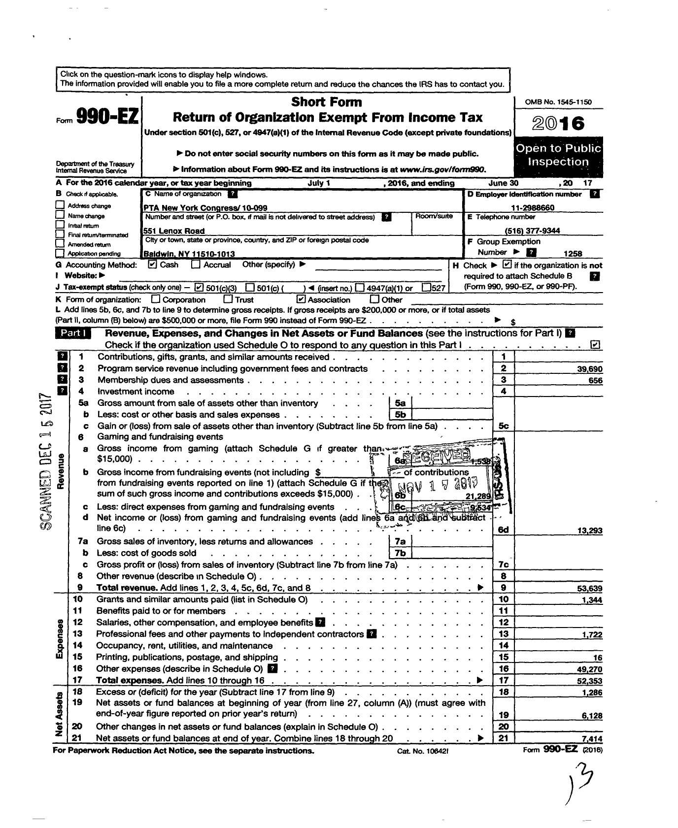 Image of first page of 2016 Form 990EZ for New York State PTA - 010-099 Lenox PTA