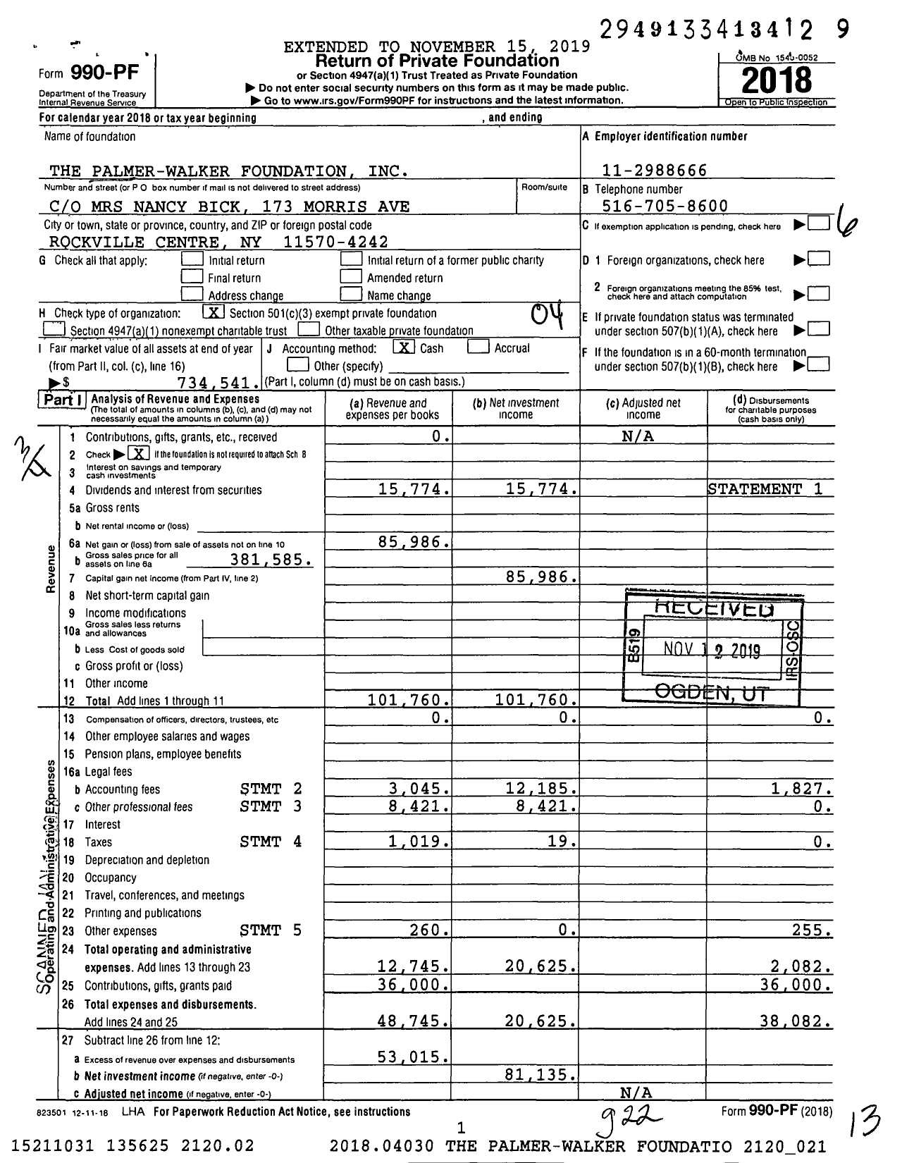 Image of first page of 2018 Form 990PF for The Palmer-Walker Foundation