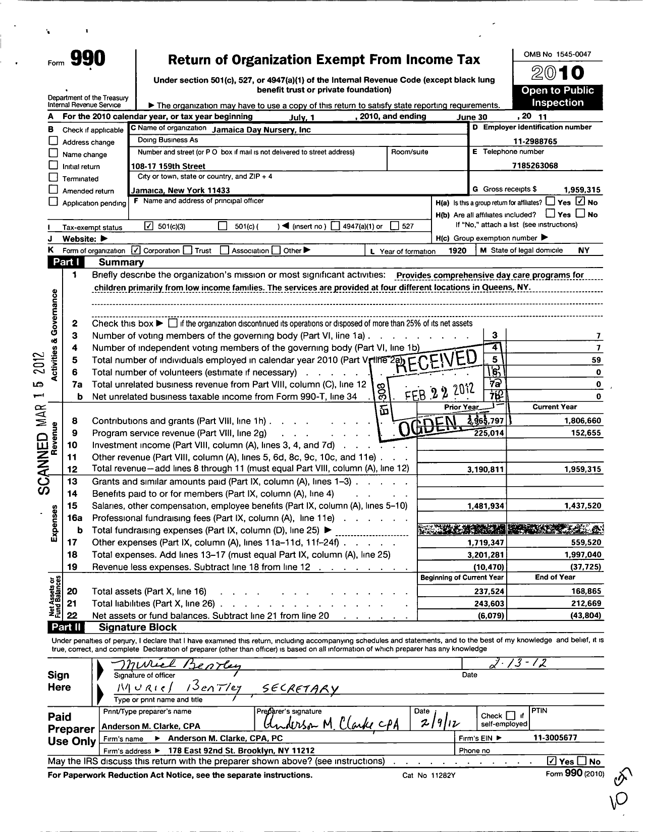 Image of first page of 2010 Form 990 for Jamaica Day Nursery