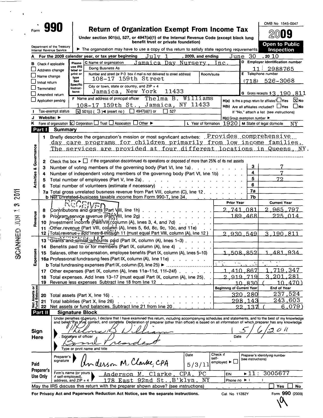 Image of first page of 2009 Form 990 for Jamaica Day Nursery