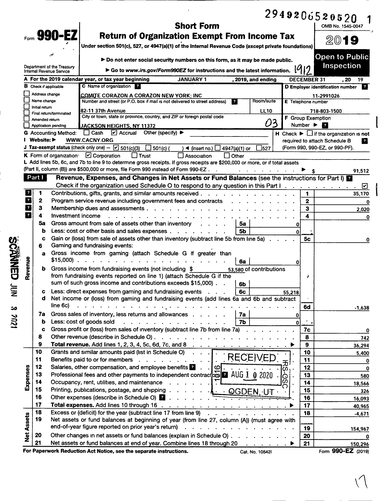 Image of first page of 2019 Form 990EZ for Comite Corazon A Corazon New York